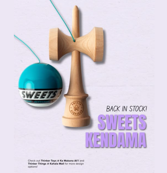 Sweets Kendama is back in stock at Thinker Toys Hawaii, featuring a natural wood handle and bright turquoise ball. Visit the stores to explore available designs and find the perfect kendama while supplies last.
