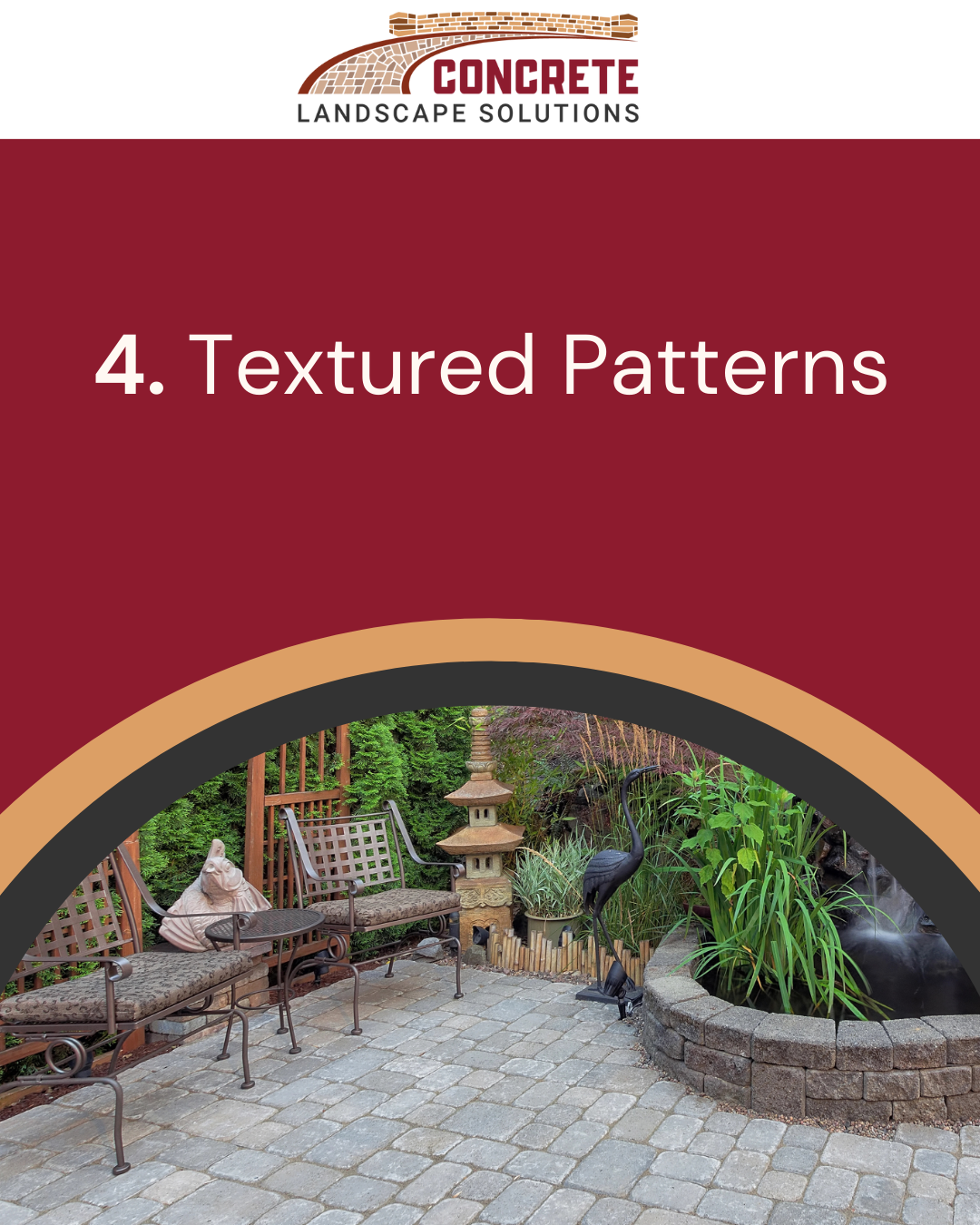 Textured concrete pattern photo showing a decorative patio finish that adds visual interest and slip-resistant appeal.