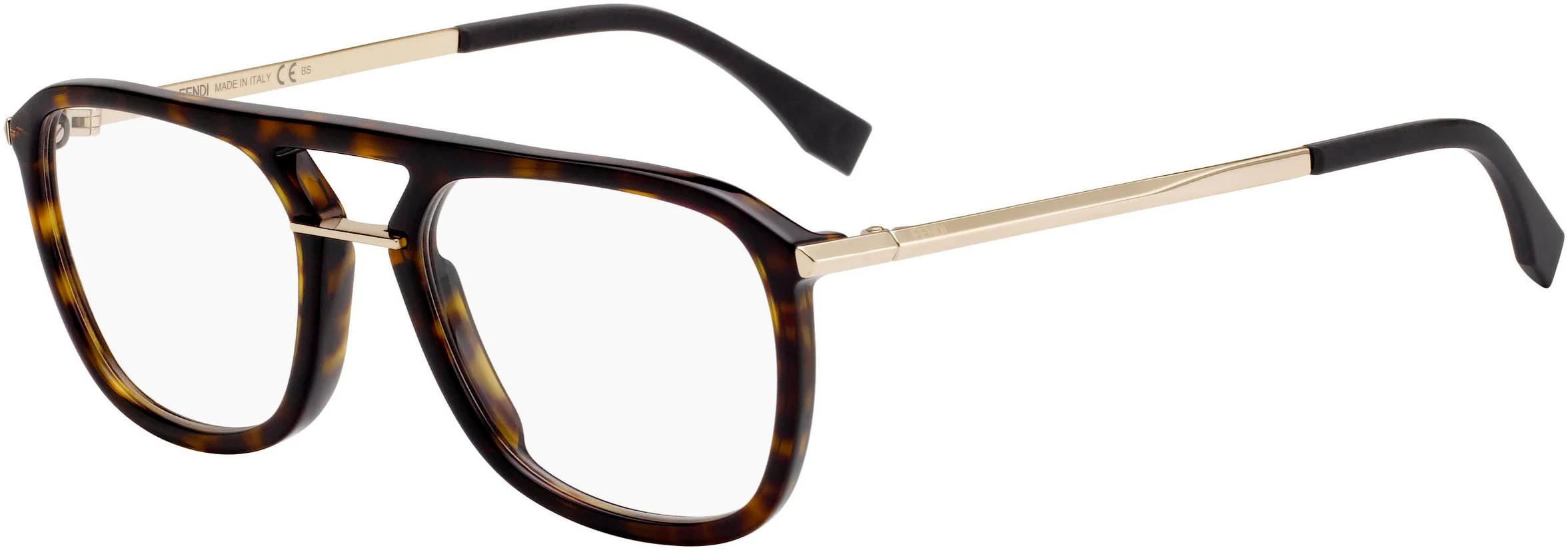 A pair of Fendi designer eyeglasses with a tortoiseshell pattern on the frames and gold accents on the temples. The eyeglasses are shown on a white background.