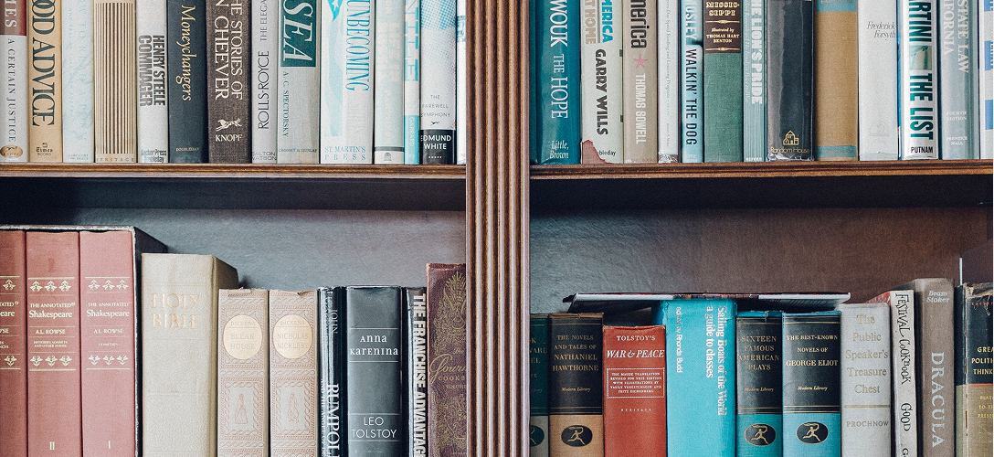 A bookshelf filled with classic literature.
