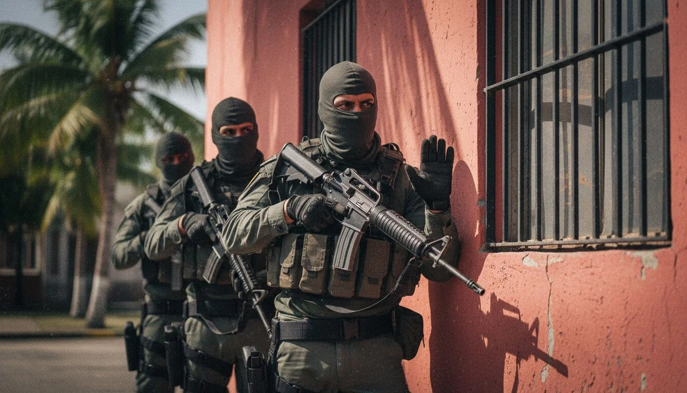 Three heavily armed soldiers in balaclavas stand in a line, facing forward. The soldier in the foreground is holding an assault rifle and has their left hand raised in a gesture. They are dressed in tactical gear with vests and gloves. The background shows a coral-colored building with barred windows and palm trees, suggesting a warm, possibly tropical, location. The soldiers appear to be on patrol or engaged in a tactical operation.