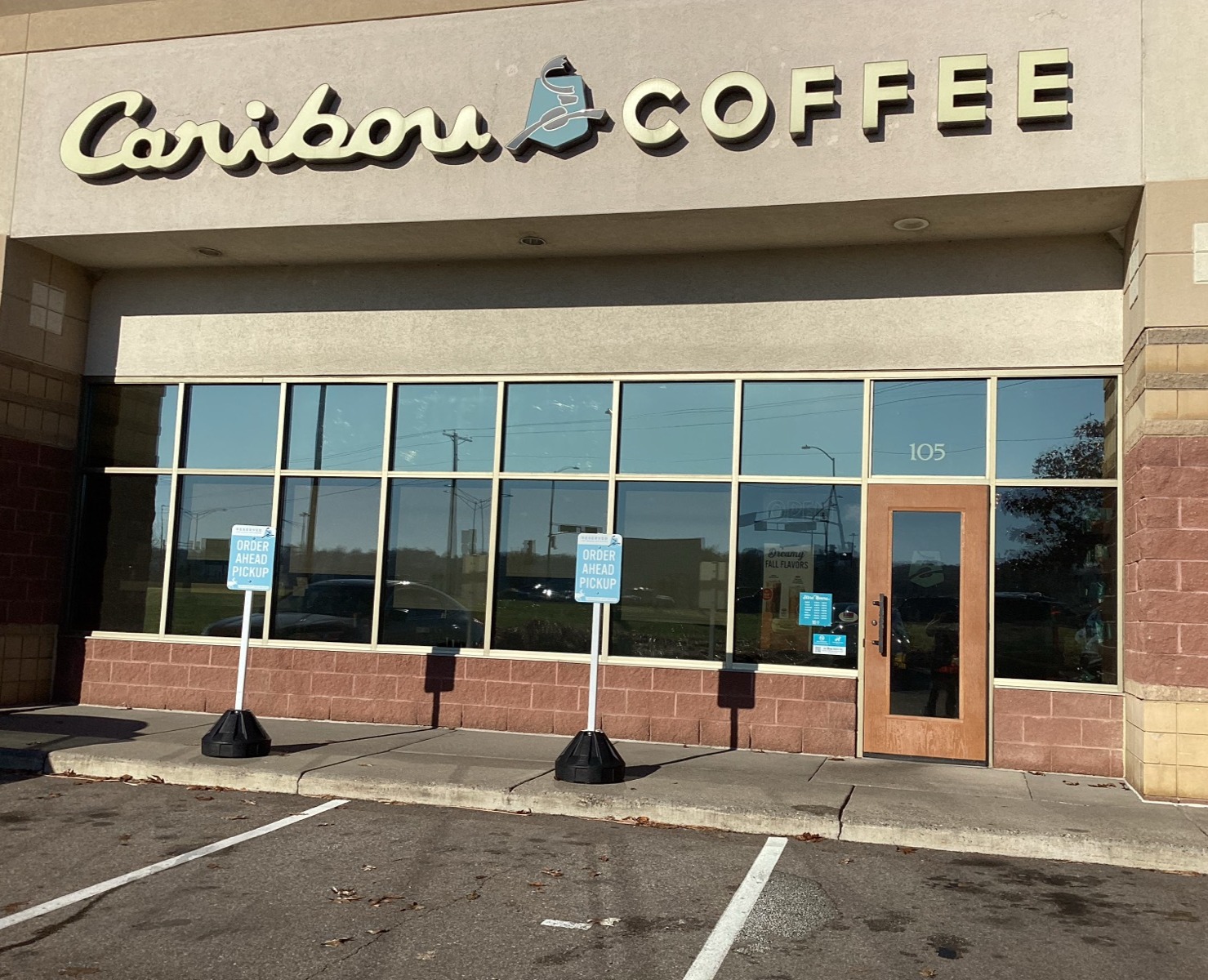 Storefront of the Caribou Coffee at 105 Carmichael Road in Hudson