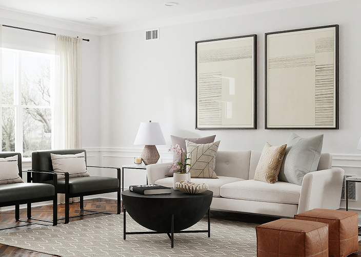 A bright, neatly organized living room.