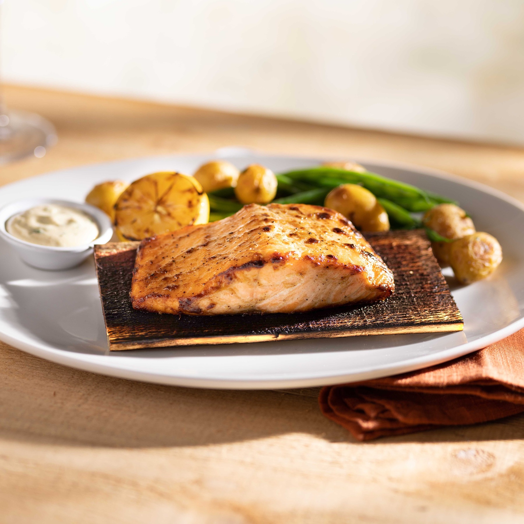 Cedar Plank -Roasted Salmon with french green beans, marble potatoes and dill-mustard sauce