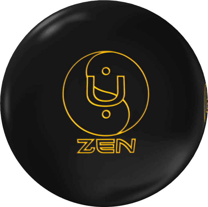 A black, glossy sphere with a yellow, stylized yin-yang symbol and the word "ZEN" written in yellow text below it. The sphere has a reflective surface with highlights.