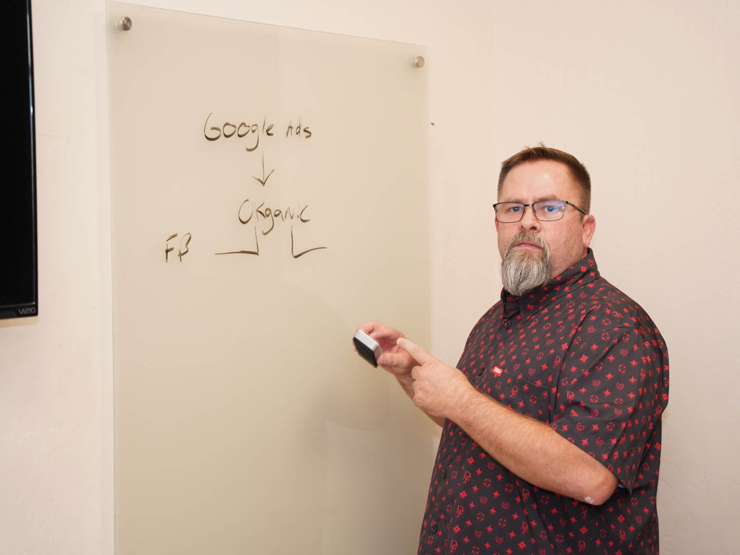 In this image, Mike Rux, a professional at Ciphers Digital Marketing, is conducting an SEO strategy session at the Gilbert, Arizona office. He is standing next to a glass board, holding a marker, and wearing glasses along with a patterned short-sleeve shirt. On the board, he has written "Google ads," "Organic," and "FB," indicating key points of the discussion. Mike is looking directly at the camera with a focused and serious expression, emphasizing his dedication to effective digital marketing strategies. The setting is a clean, well-lit office environment, underscoring the professional atmosphere of the session.