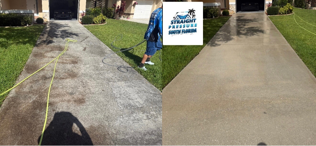 Concrete driveway pressure washing and deep cleaning in Doral, FL. Total transformation and expert property care by Straight Pressure South Florida.