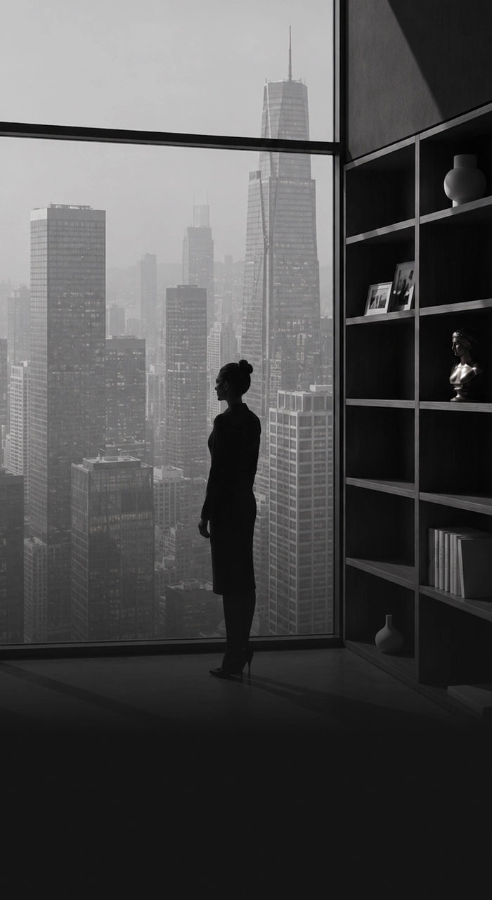 Silhouetted woman standing at floor-to-ceiling window overlooking expansive urban skyline and skyscrapers.
