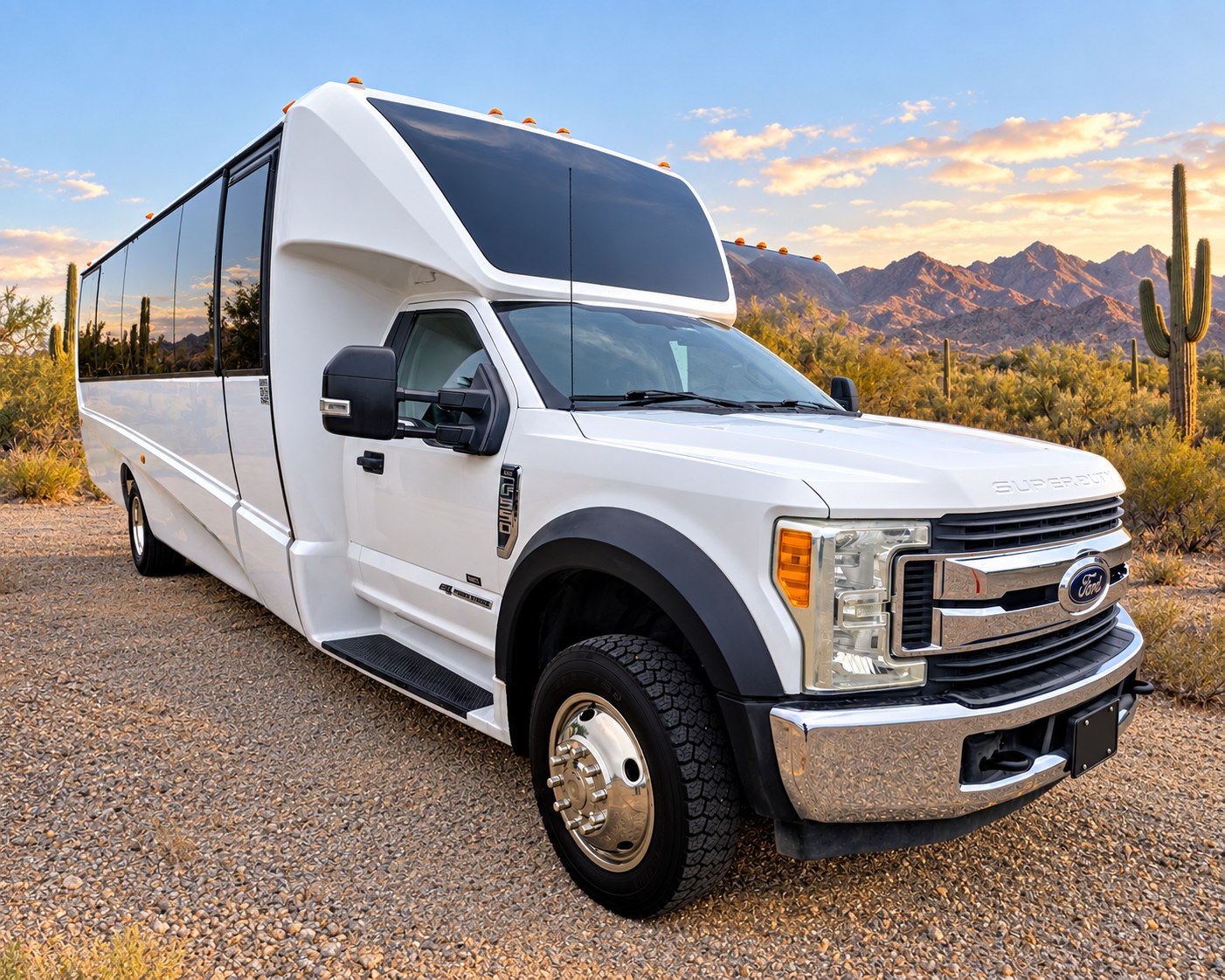 White passenger shuttle bus available for group transportation.