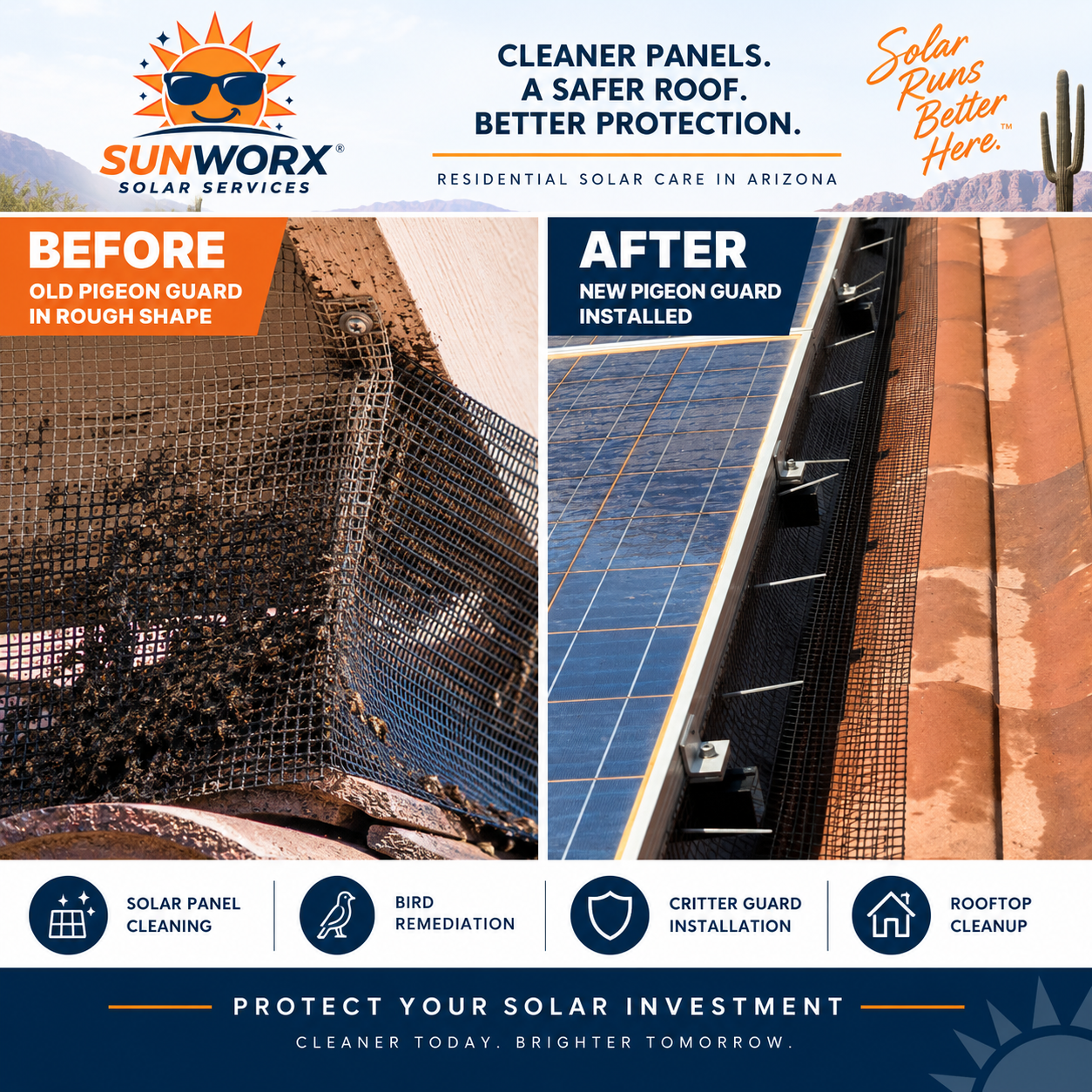SunWorx Solar Services before-and-after comparison showing an old pigeon guard replaced with new solar critter guard protection following rooftop cleanup.