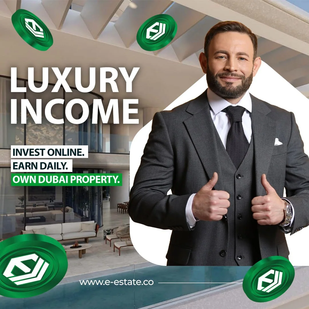 A man in a suit is giving a thumbs up in front of a luxurious property with the text 