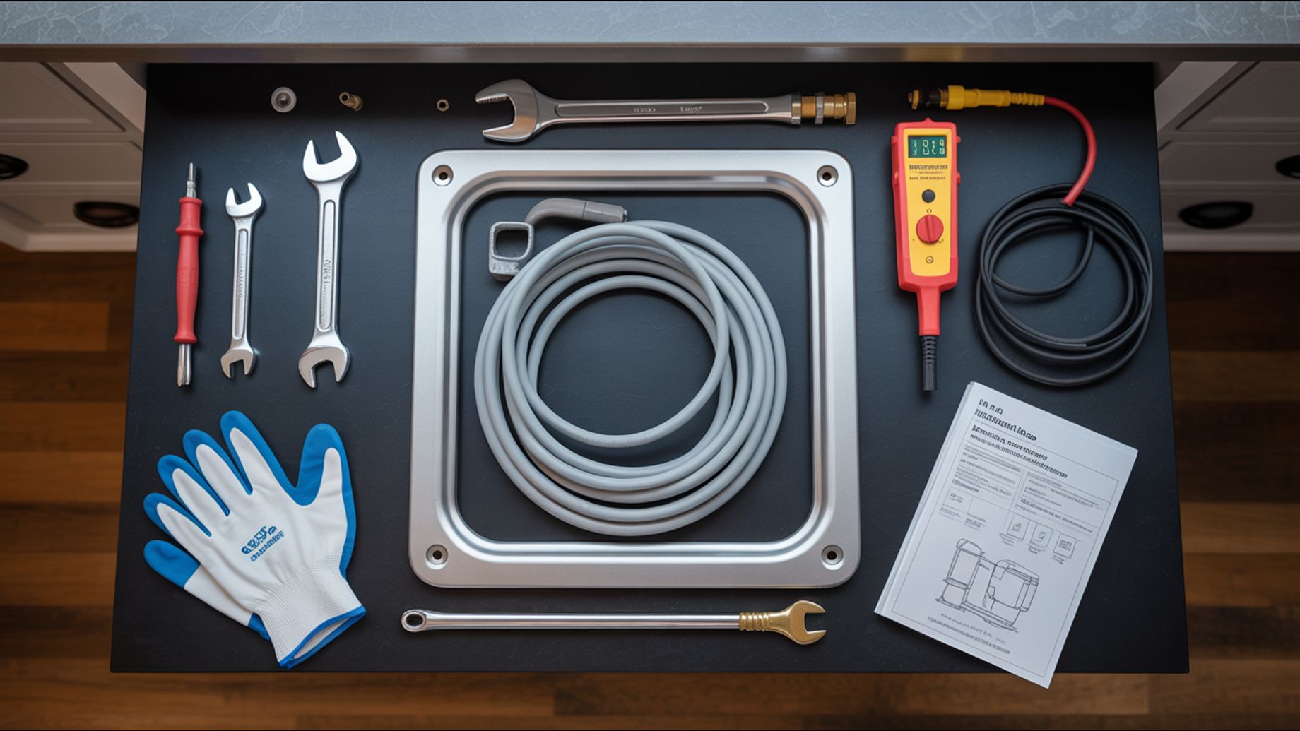 A top-down view of a workbench with various tools and equipment laid out, including wrenches, a scre 