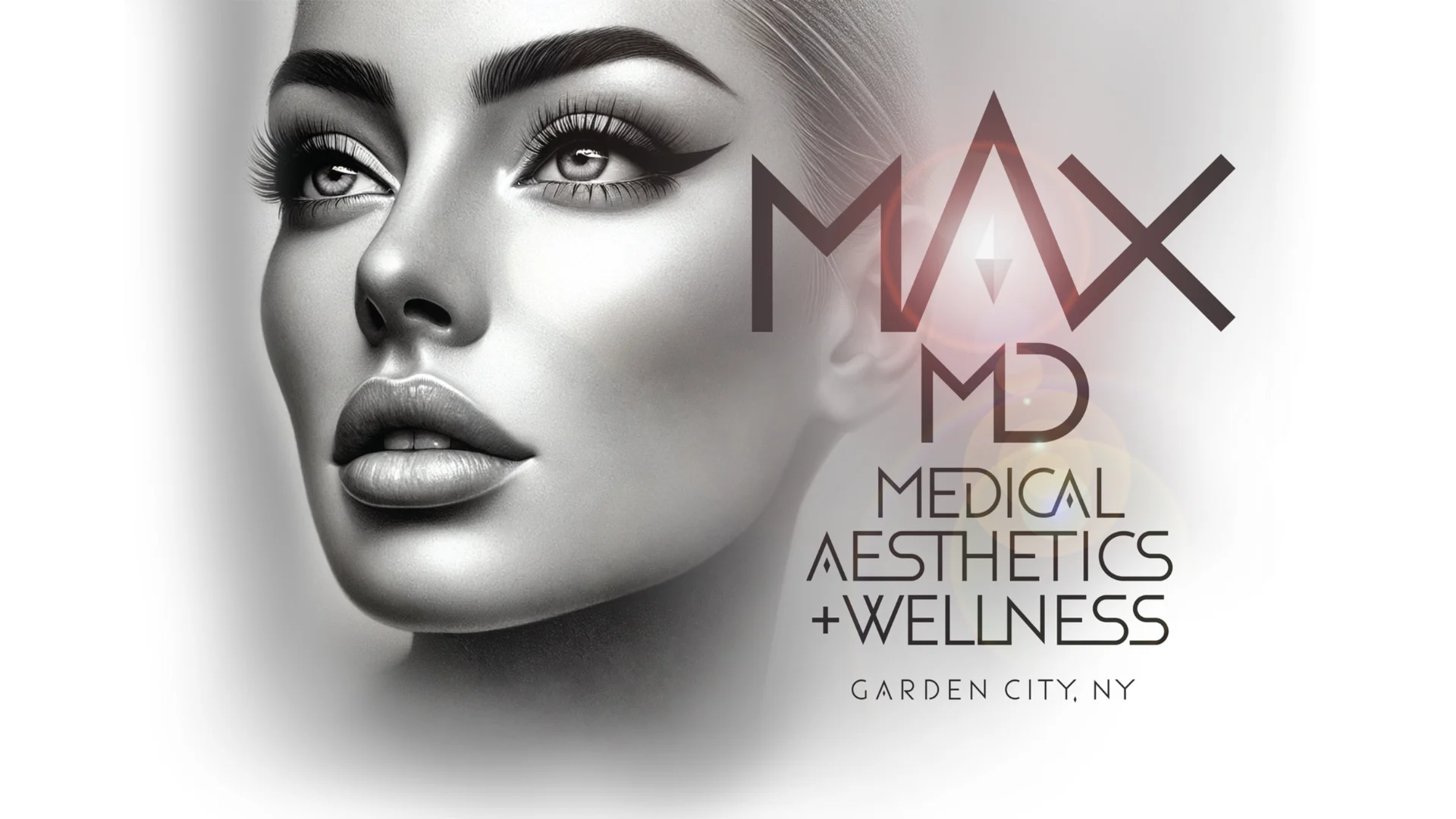 MAX MD brand hero image featuring a grayscale beauty portrait with the MAX MD Medical Aesthetics + Wellness logo and &ldquo;Garden City, NY&rdquo; overlay.
