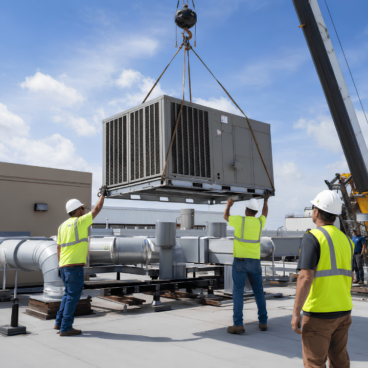 Commercial HVAC installation: a crew sets a rooftop unit with a crane for a business in Fairfield Co 