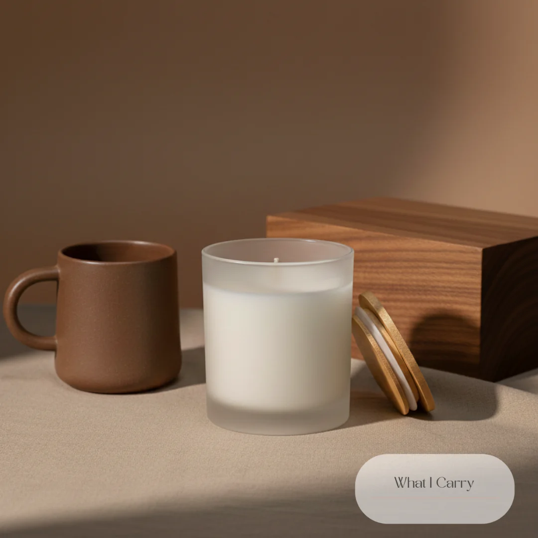 A close-up shot features a brown ceramic mug and a frosted glass candle with a wooden lid. Behind them, a wooden box is placed on a textured surface. The background is a smooth, warm brown. A subtle oval logo with text "What I Carry" is visible in the lower right corner.