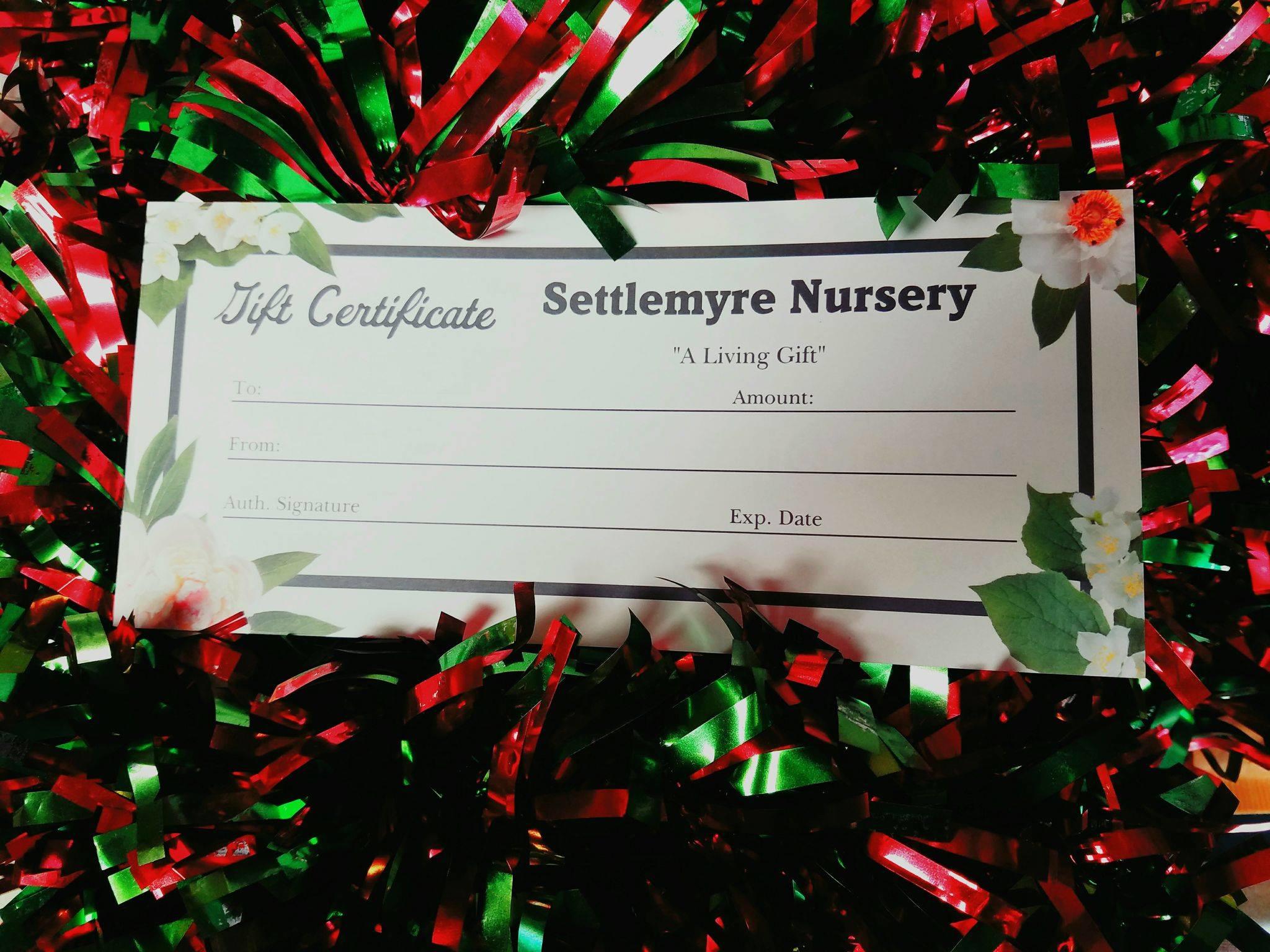 If you have someone who loves plants, has a new home or just needs landscaping work done grab a Settlemyre Nursery Gift Certificate. Great for Christmas, Wedding, Birthday, Mother's Day, Father's Day, Housewarming Gift or Anniversary!