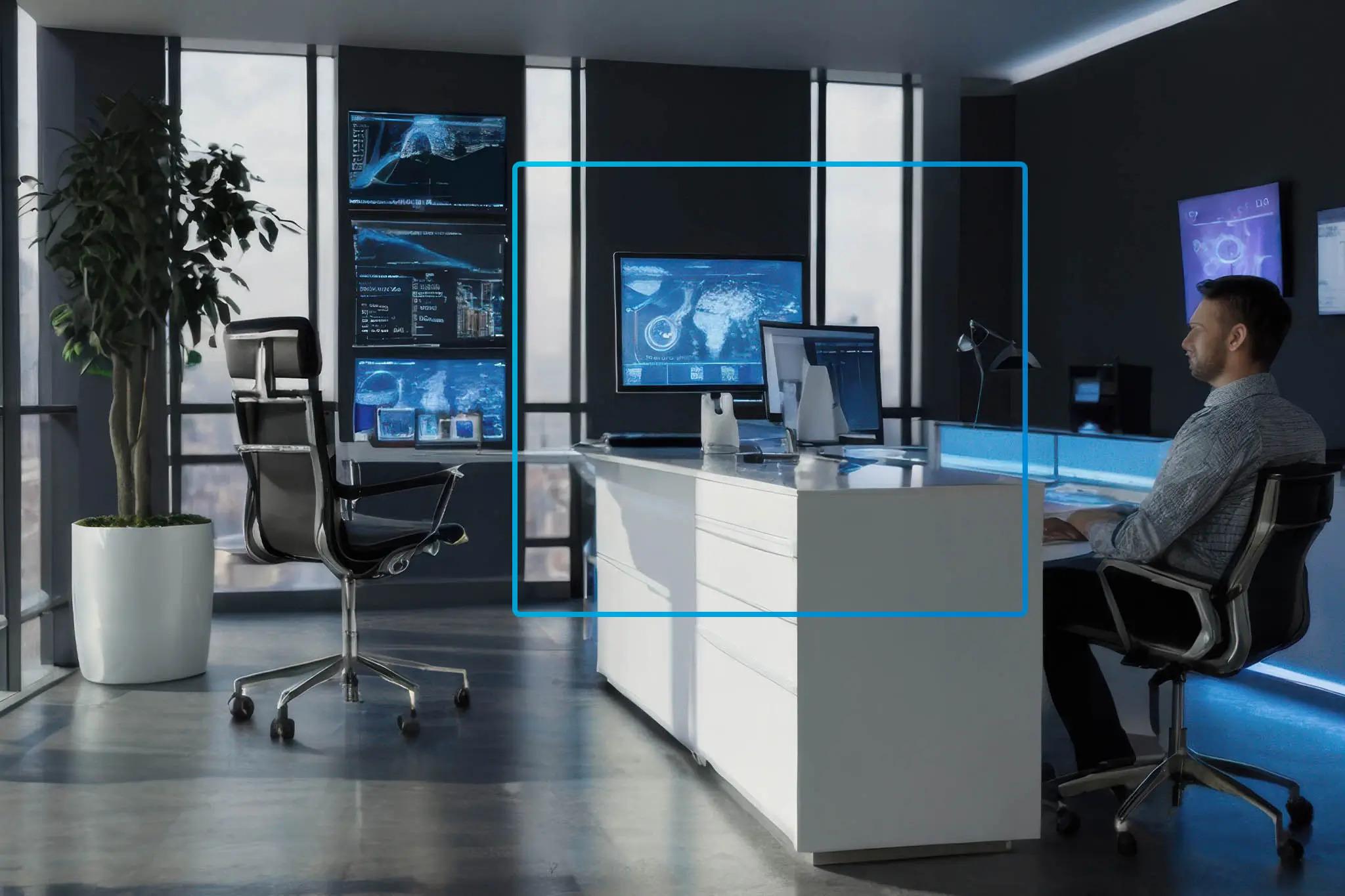 An employee is sitting in his individual workspace