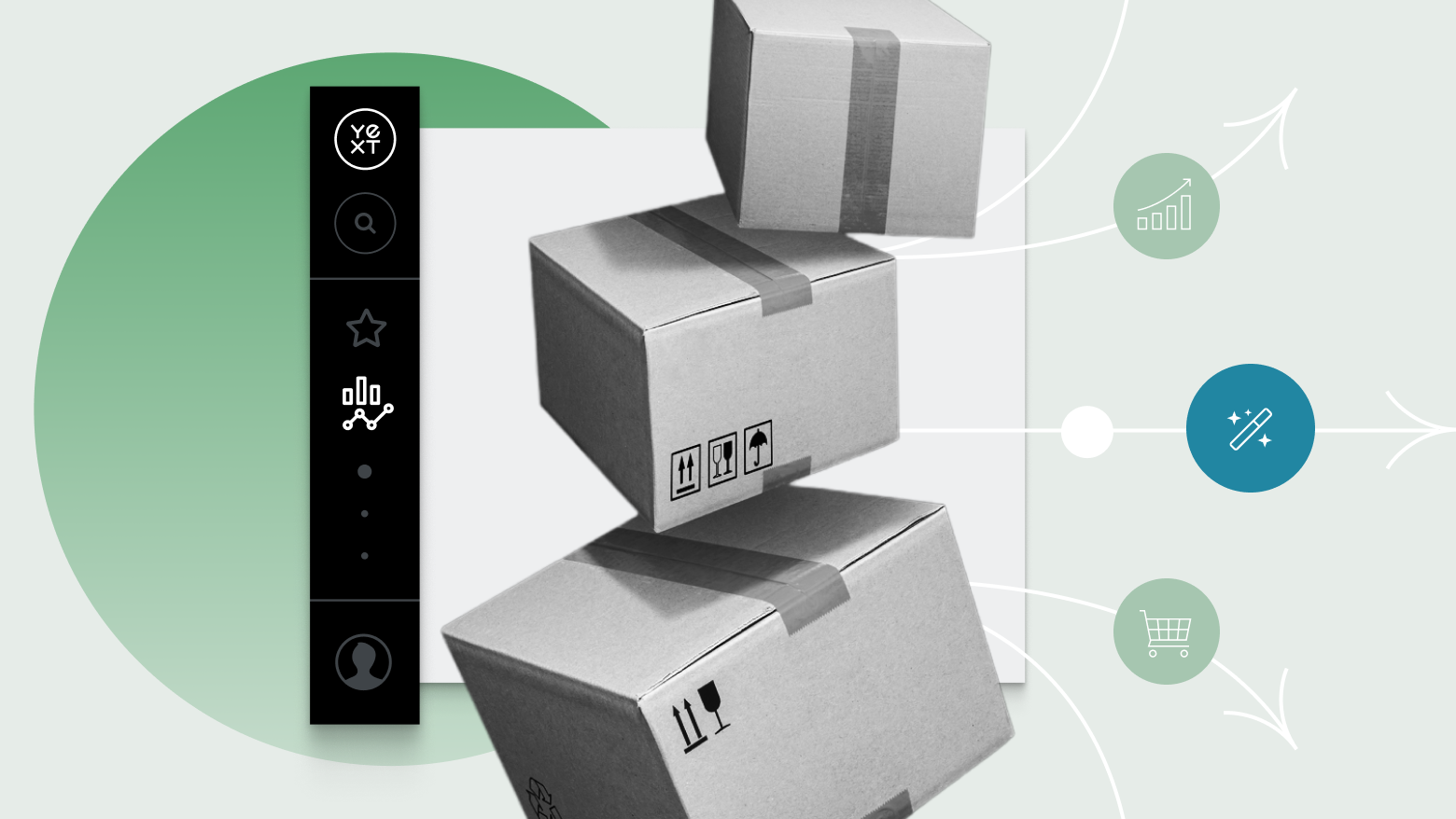 Amazon boxes in front of the Yext platform UI.