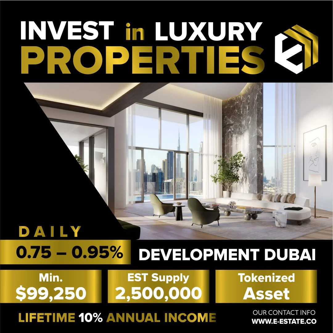 A promotional graphic for investing in luxury properties in Dubai, featuring a modern apartment inte 