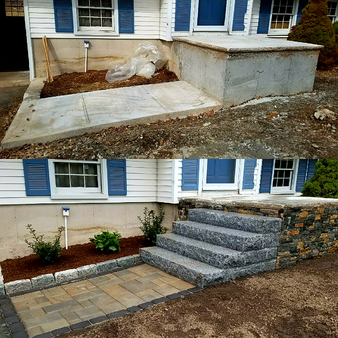 Top is before
Bottom is after Granite steps, veneering of stoop, Cobble stone edging and a few plants