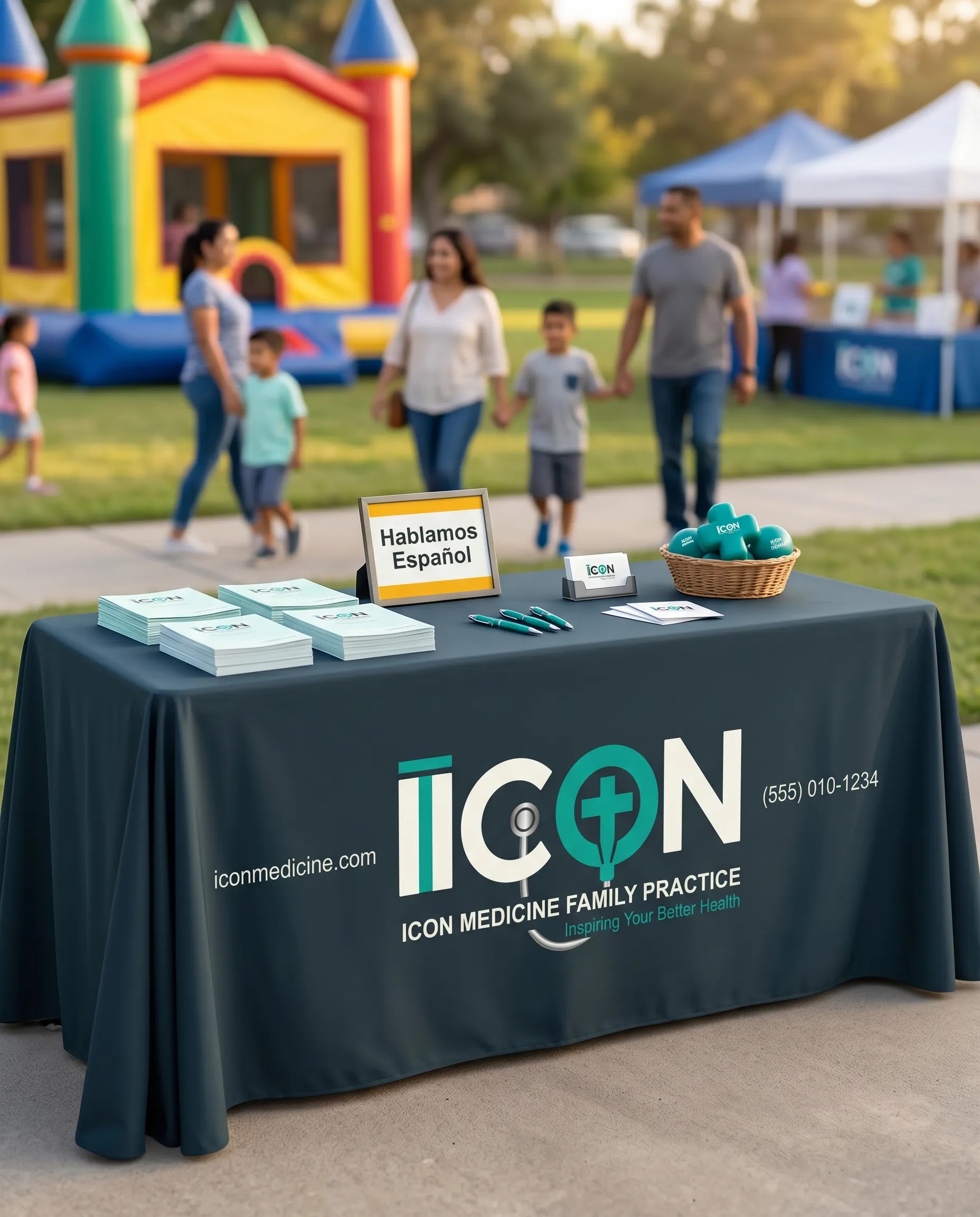 A table is set up with promotional materials for 'ICON MEDICINE FAMILY PRACTICE' outdoors. In the background, a bouncy castle and tents suggest a community event or fair. Several people, including families with children, are visible in the middle ground.
