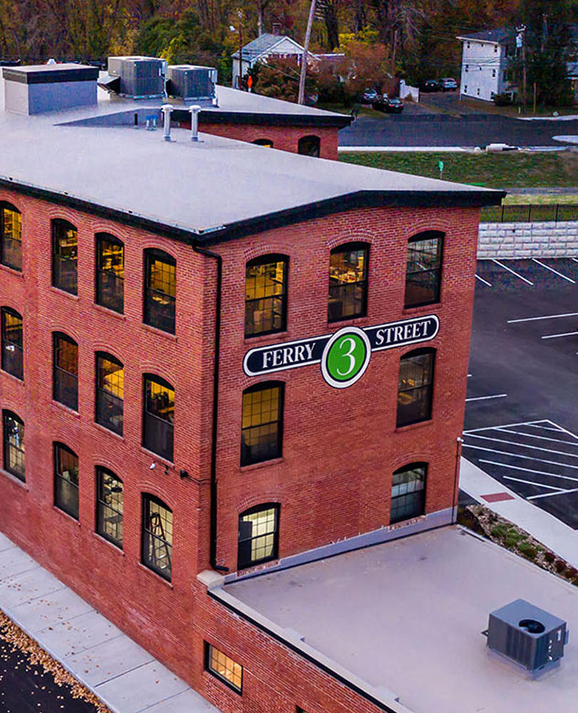 Aerial View of building 3, One Ferry Project, Easthampton MA.