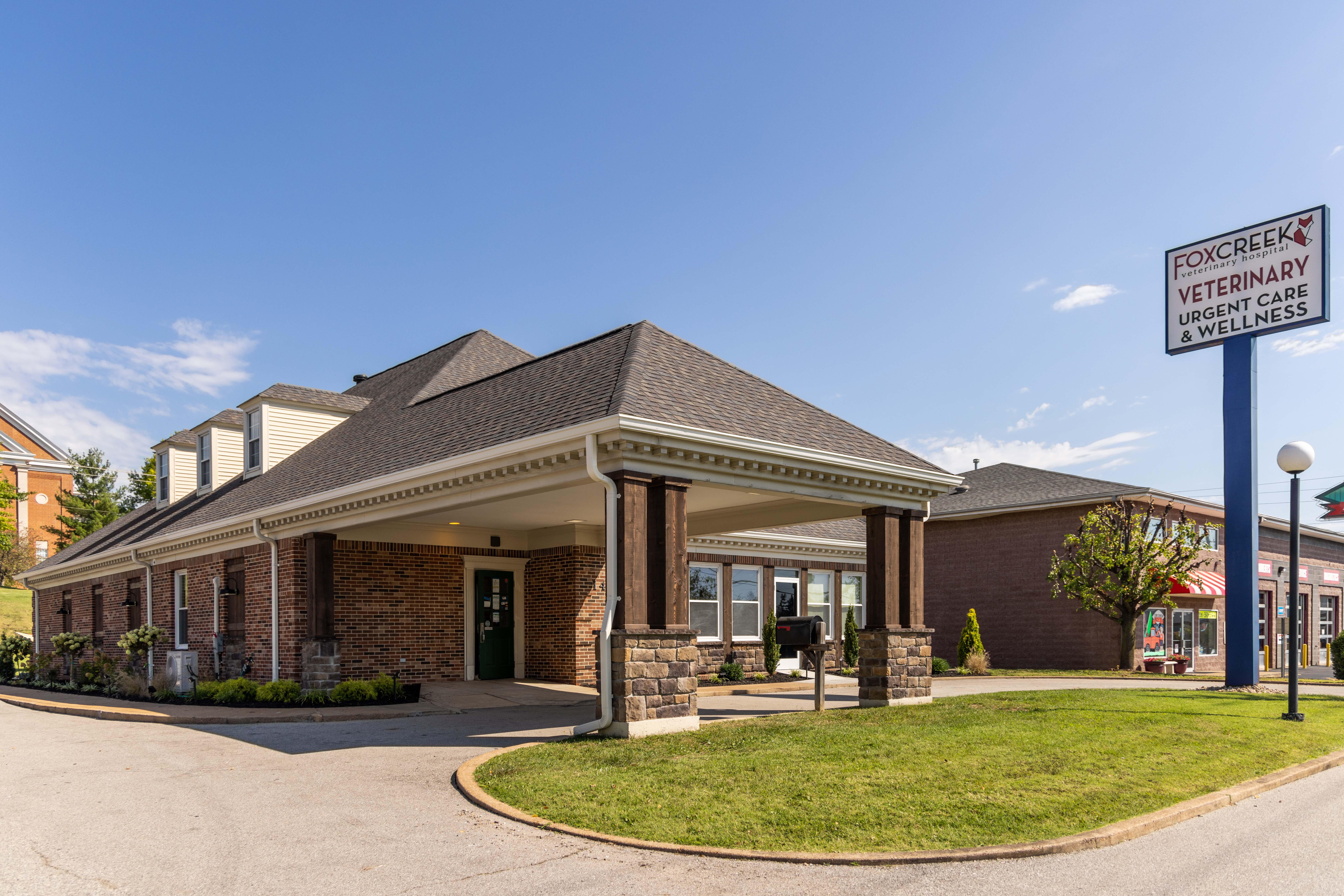 Welcome to Fox Creek Veterinary Hospital located at 14309 Manchester Avenue in Manchester, MO. We opened our door in September of 2022, and we cannot wait to serve the companion animals of our community!