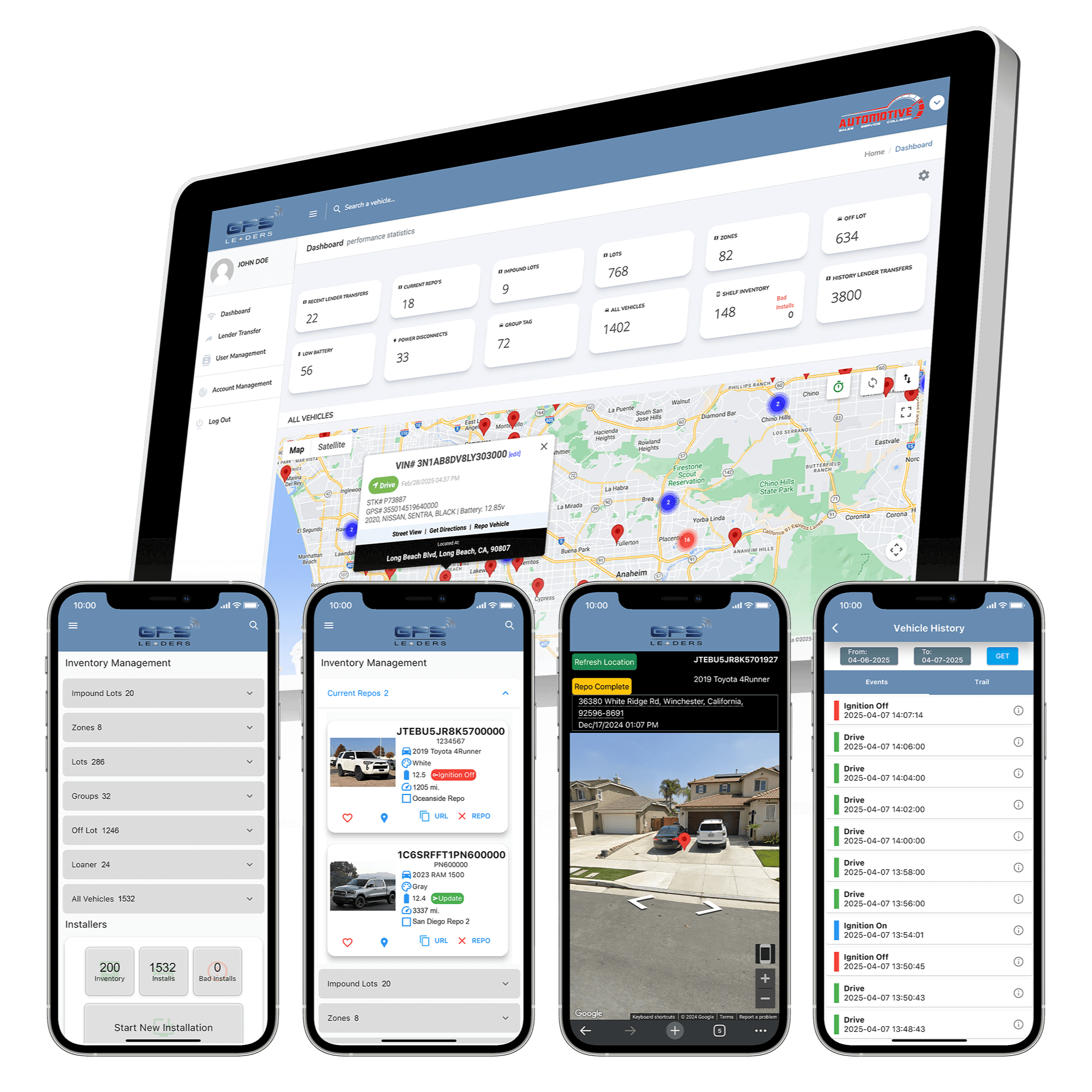 This image showcases the GPS Leaders GPS Tracking Platform displayed across both desktop and mobile devices. The desktop dashboard highlights real-time fleet performance metrics, including vehicle counts, inventory status, repossessions, zones, and lot activity, alongside an interactive live map with vehicle location markers. Below, multiple mobile app screens demonstrate inventory management, active repossessions, real-time vehicle location with Street View integration, and detailed vehicle history logs including ignition and drive events. The interface features a clean, modern design focused on automotive dealers, BHPH operators, and fleet managers requiring real-time visibility and control.
