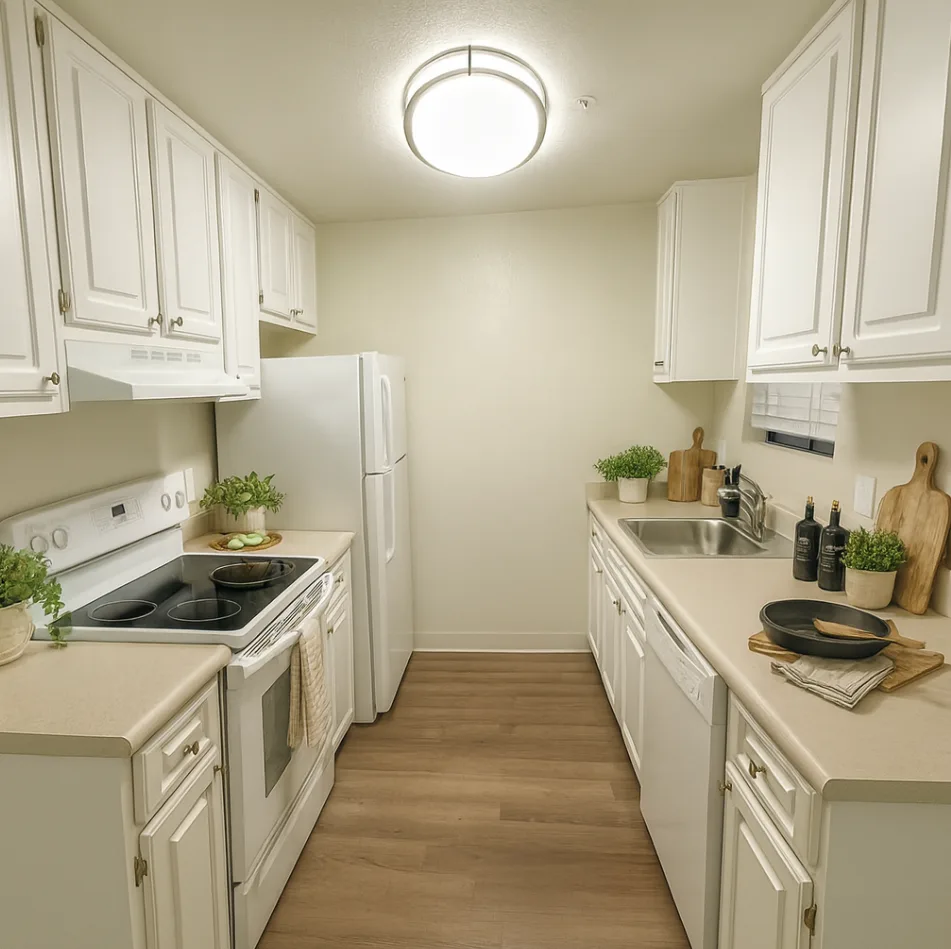 A kitchen with white cabinets and a wooden floor