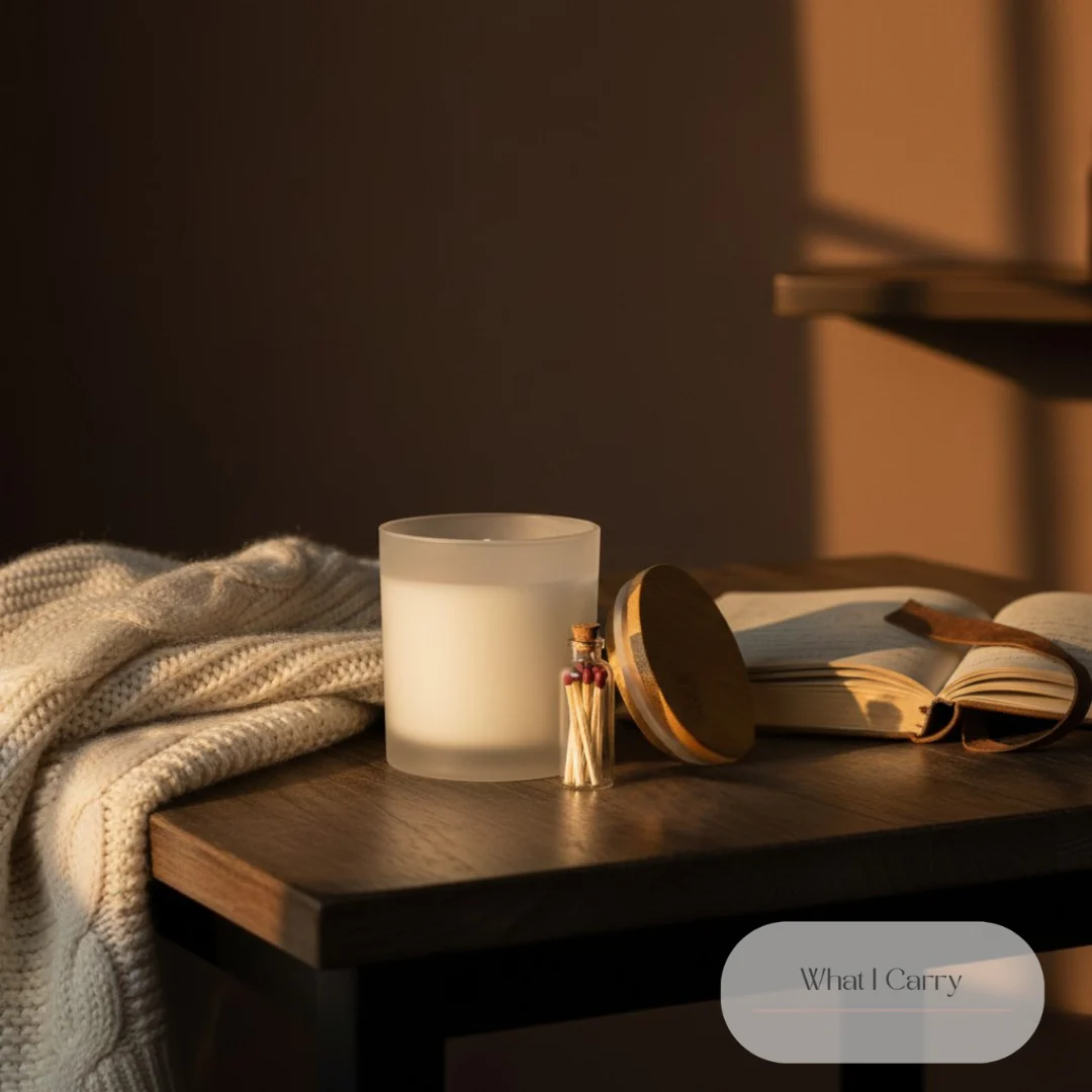 A white scented candle with a wooden lid rests on a dark wooden table next to a knitted cream-colored blanket and a small glass bottle filled with matches. An open book with a leather cover is visible behind the candle and matches. The scene is bathed in warm, soft light, casting long shadows.