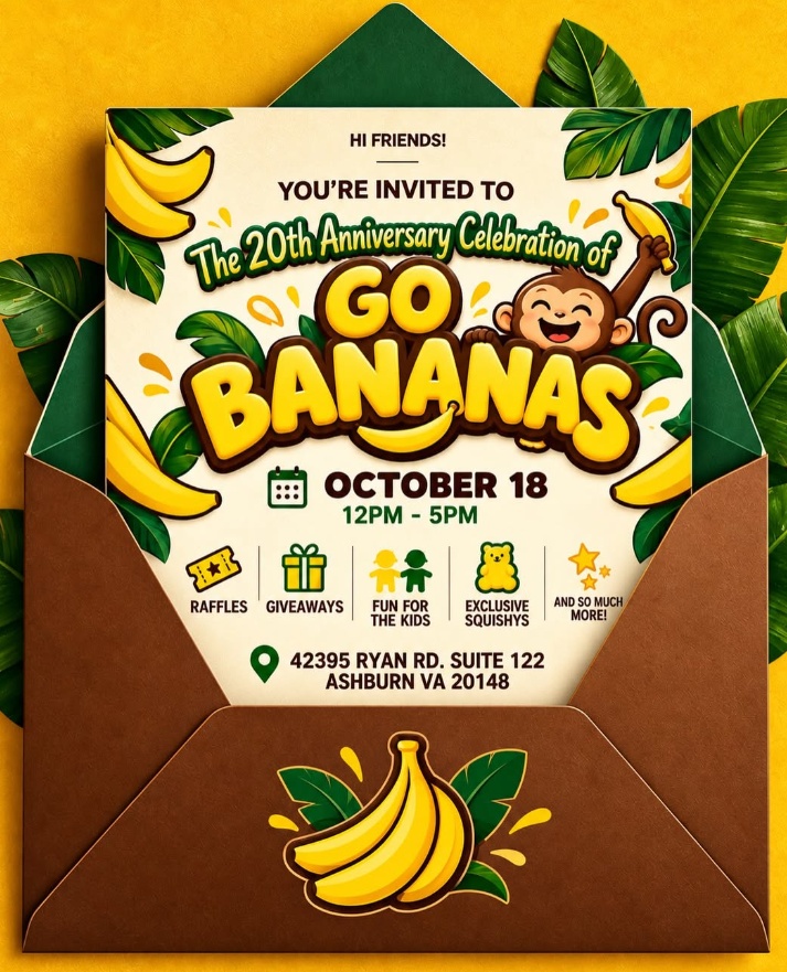 A festive invitation card celebrating the 20th anniversary of Go Bananas featuring a playful monkey design, event details for October 18, and activities like raffles and exclusive squishys