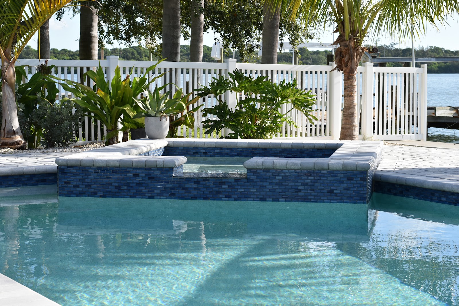 Close-up view of a residential swimming pool with an elevated spa, blue tile accents, and tropical landscaping.
