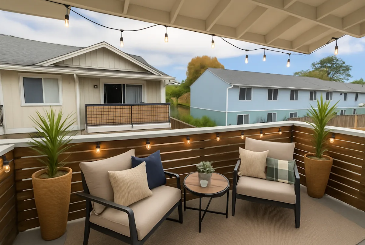 A patio with a couch, chairs, and potted plants.