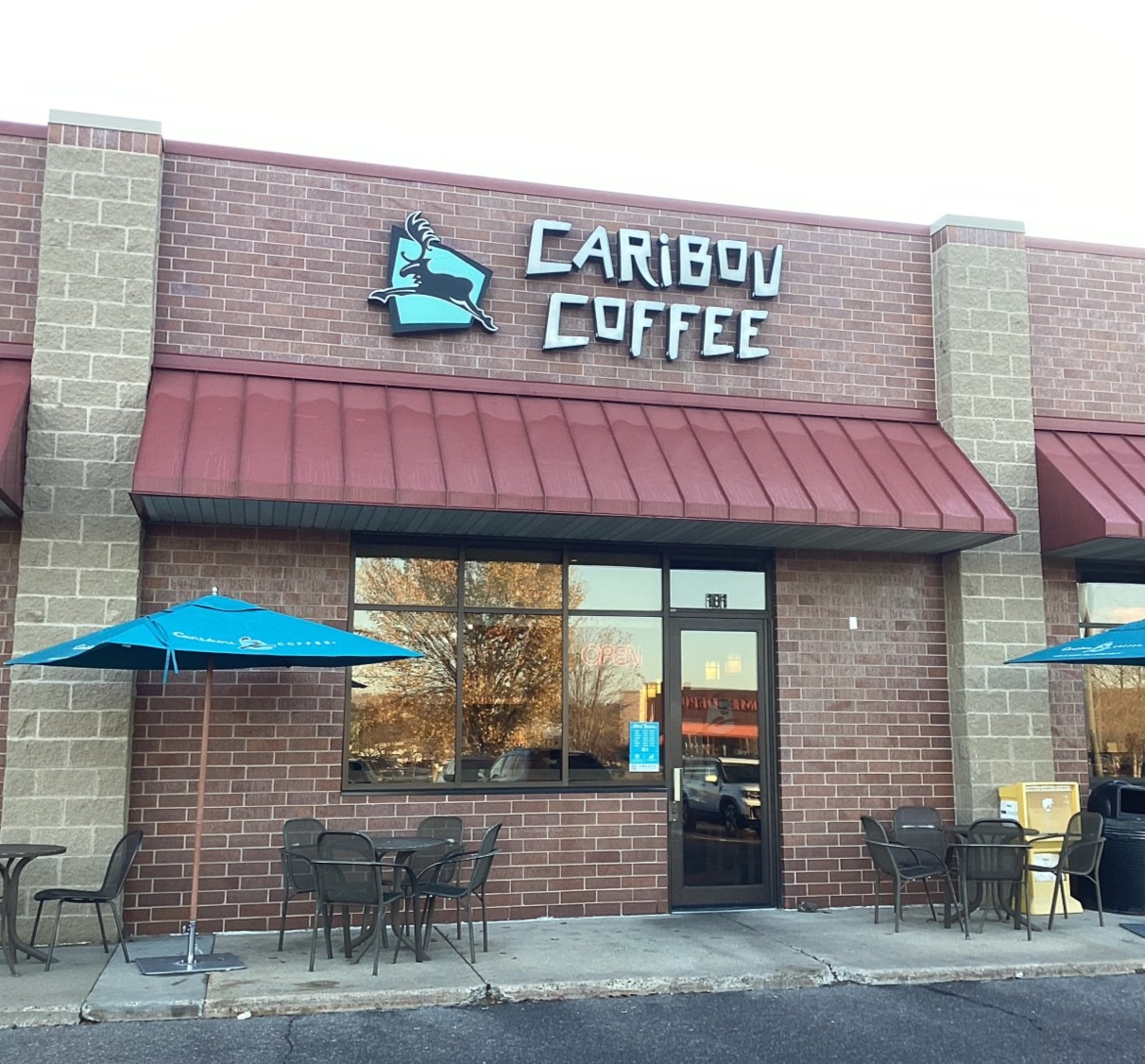 Storefront of the Caribou Coffee at 1650 Park Place Boulevard in St Louis Park