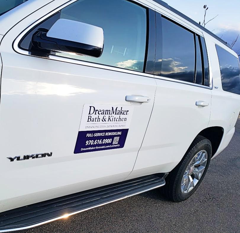 Signage on our family vehicle. DreamMaker Bath & Kitchen of Larimer County Fort Collins (970)616-0900