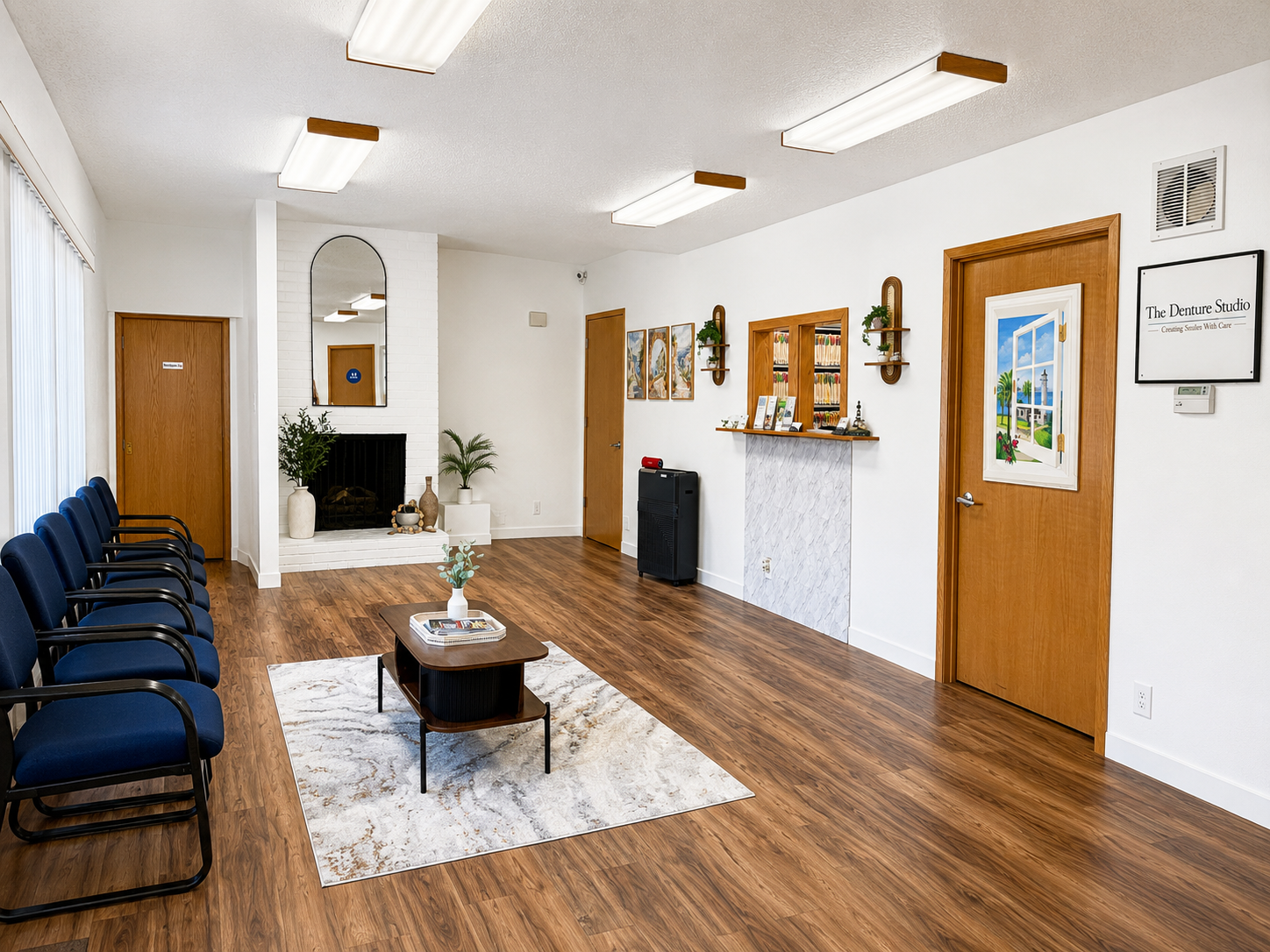 Comfortable reception area inside The Denture Studio where patients are welcomed for custom dentures 
