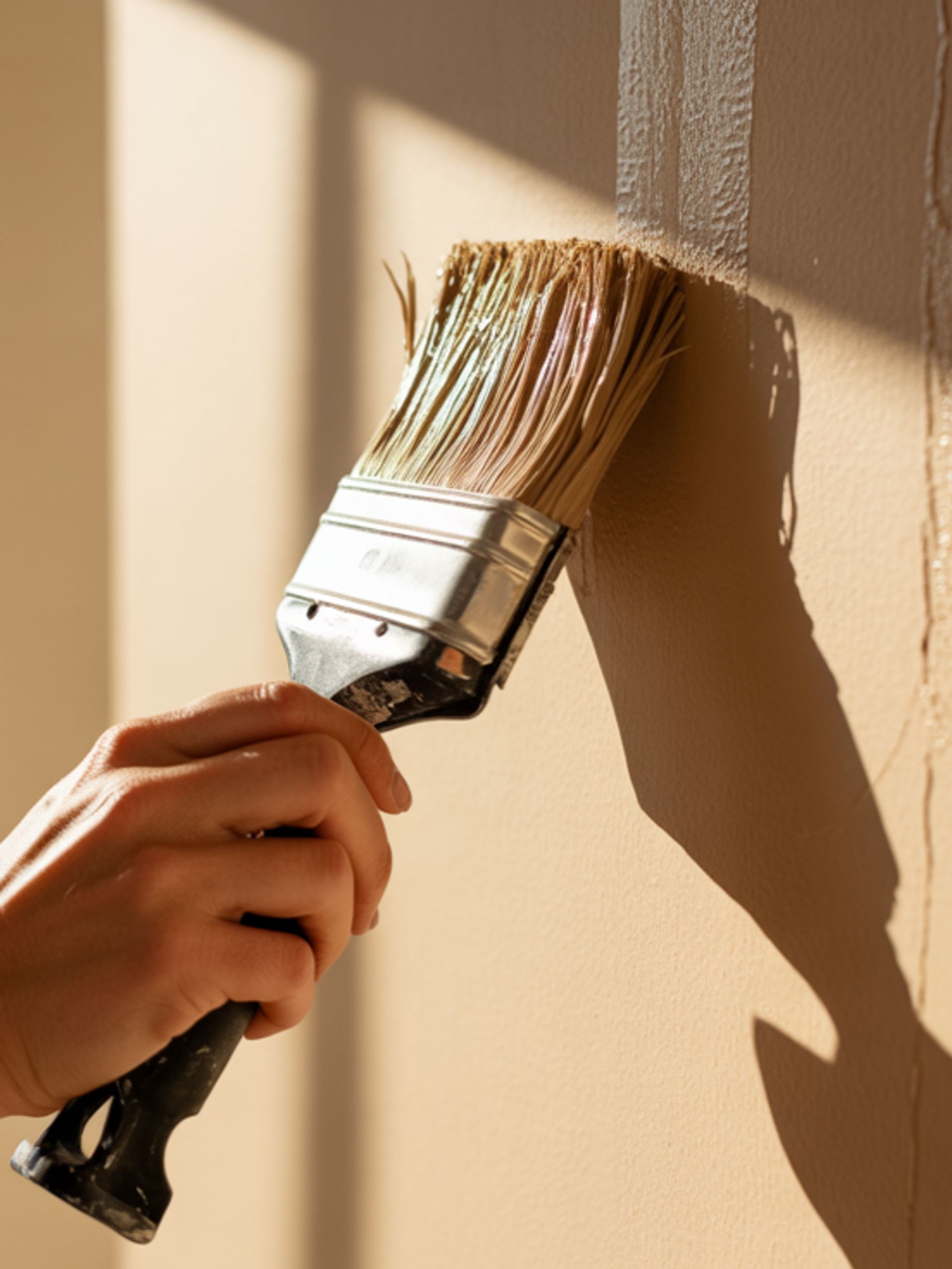 A close-up shot shows a hand holding a paint brush and applying paint to a textured wall. The brush  