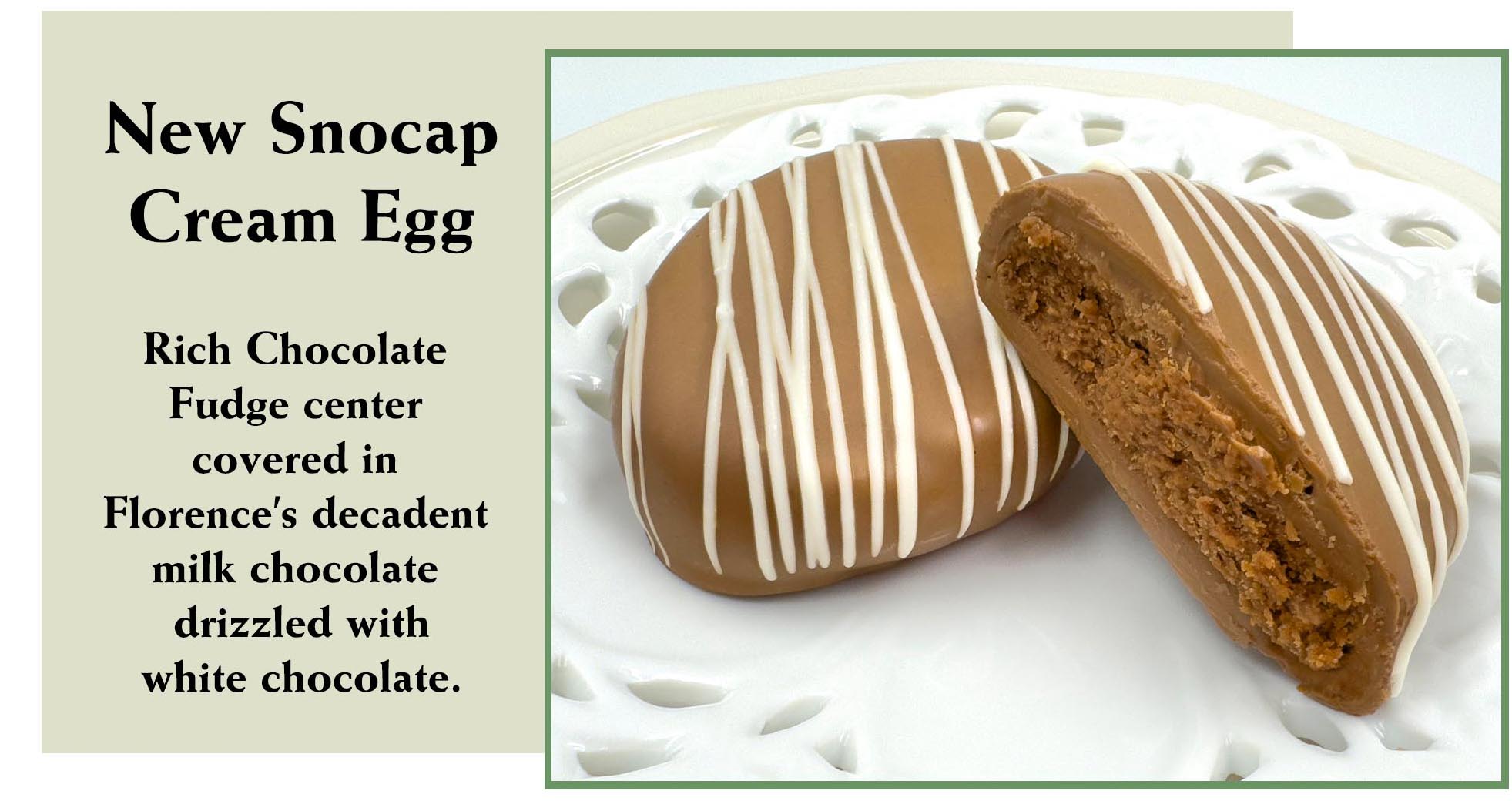 Introducing the New Snocap Cream Egg from Florence's Exquisite Chocolates in Rexburg, ID! A delightful addition to the beloved 1.7 ounce Easter Cream Egg tradition, this version features a rich chocolate fudge center enrobed in decadent milk chocolate and finished with an elegant white chocolate drizzle. Perfect for Easter baskets and fans of chocolate fudge.