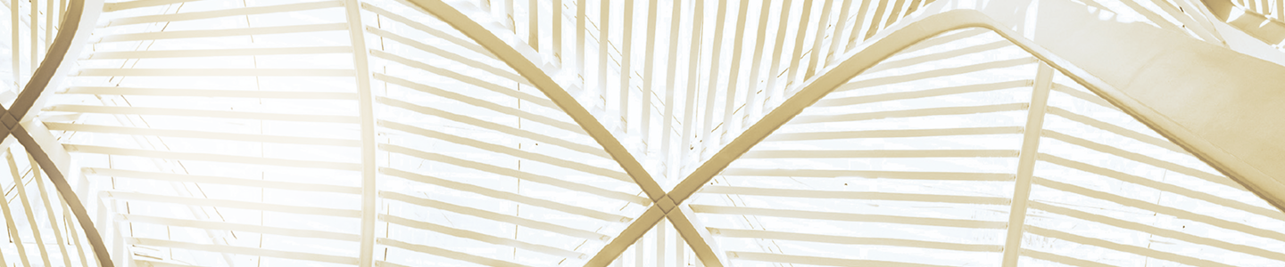 Close-up view of interior architecture featuring sleek, white, curved beams crossing overhead.