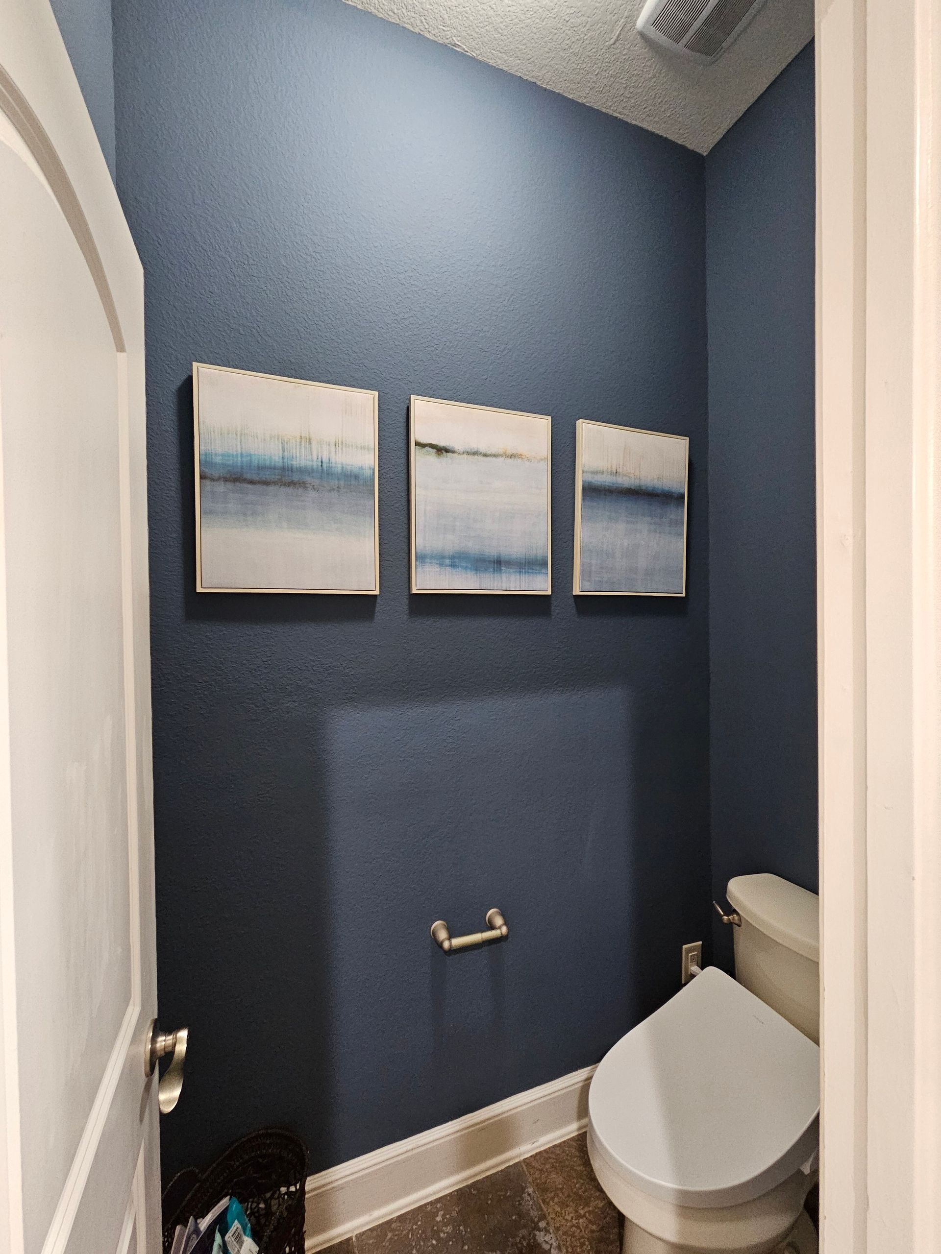 Small powder room featuring rich navy blue painted walls, white trim, modern artwork, and clean fixtures, creating a sophisticated, dramatic atmosphere through expert interior residential painting and finishing.