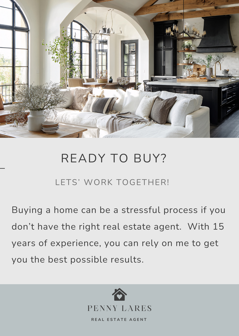 A spacious and modern living room and kitchen area with a large sectional sofa and a kitchen island. Text overlays indicate a real estate agent's services, with a tagline 'READY TO BUY?' and 'LETS' WORK TOGETHER!', followed by a brief description of the agent's experience. A logo for 'PENNY LARES REAL ESTATE AGENT' is at the bottom.