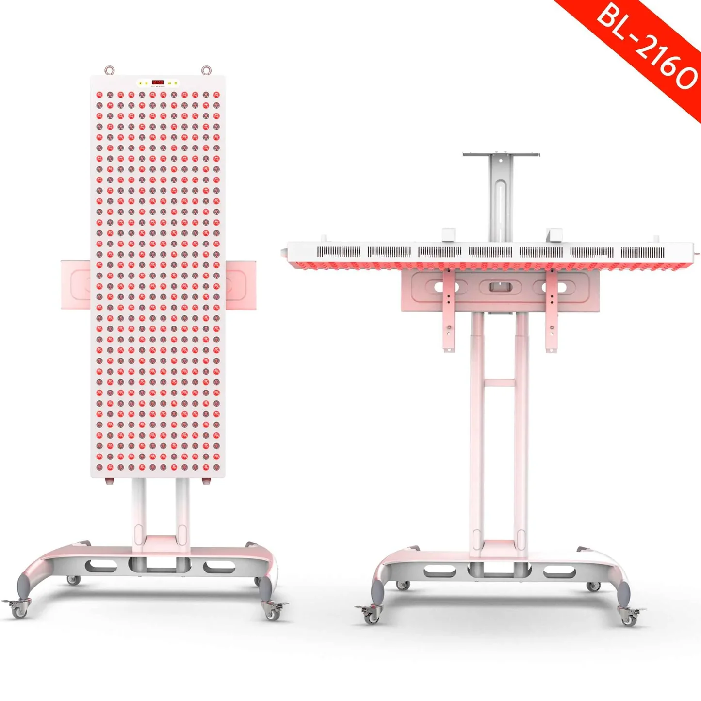A white and pink LED red light therapy device is shown in two different configurations on a white background. The device on the left is a tall, rectangular panel mounted on a wheeled base, with numerous red and pink LED lights covering its surface. The device on the right is a wider, horizontal panel, also with red LEDs, attached to a stand with a mounting bracket at the top, and is also on a wheeled base. A red banner in the upper right corner displays white text reading "BL-216O".