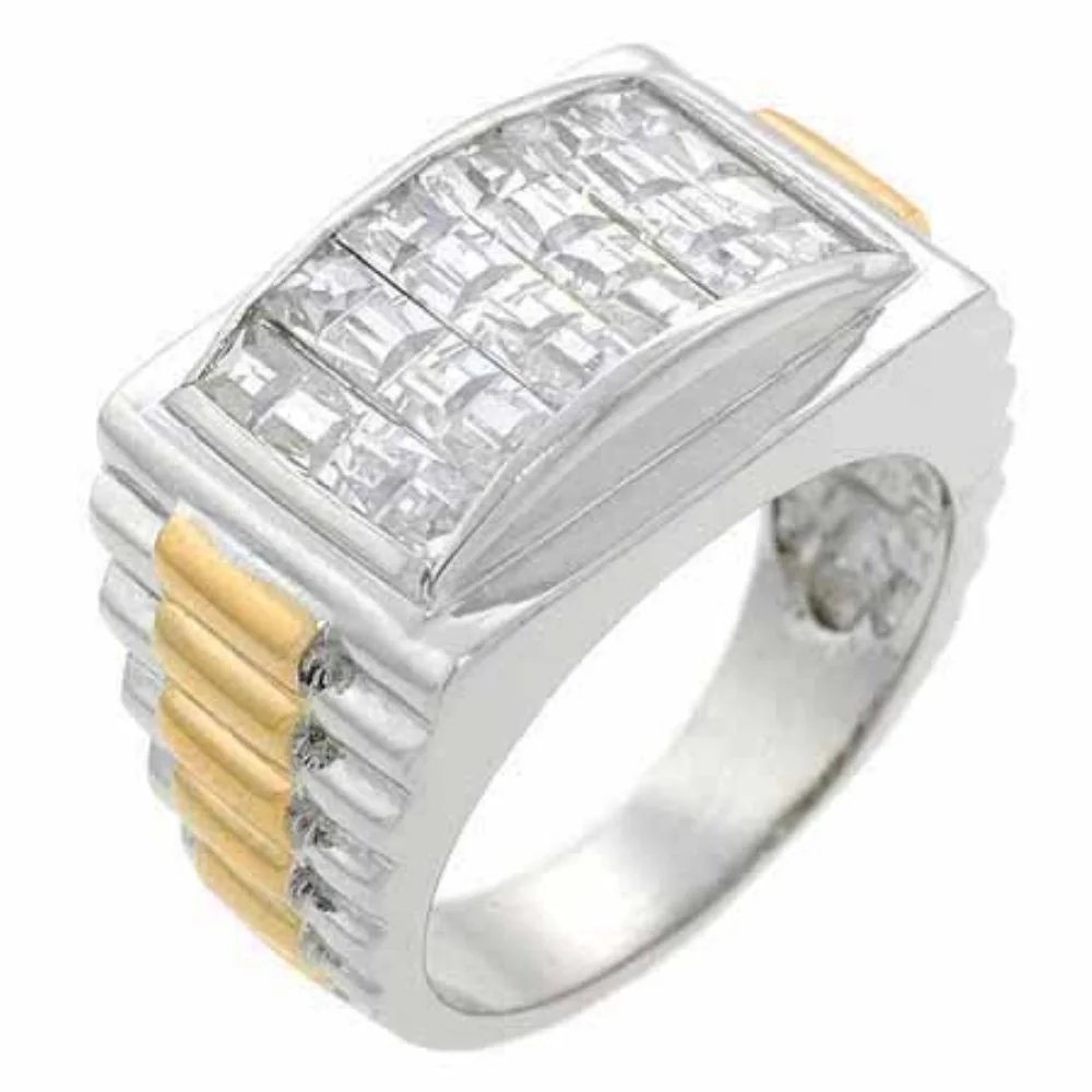 A close-up studio shot of a men's ring featuring a rectangular arrangement of baguette-cut diamonds set in a silver-colored metal band. The band has ribbed gold-toned accents on the sides.