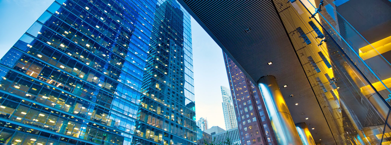Street view of glass office buildings in the Financial District, Toronto.