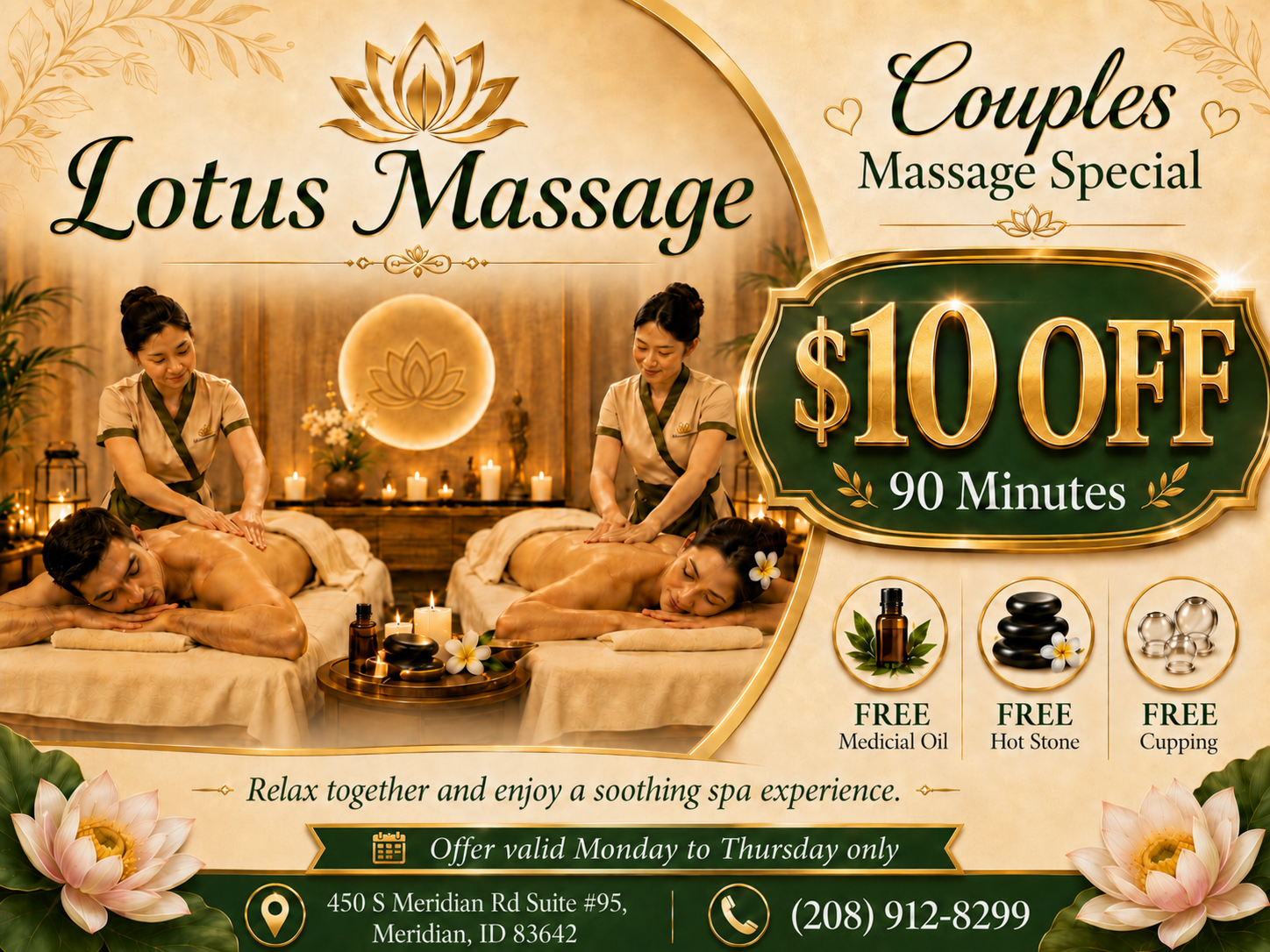 A couple's massage is just like any other massage service,
but you and your partner receive the massage at the same time,
on separate tables, and by two different massage therapists.
The massage is generally offered in a private room on side-by-side massage tables.