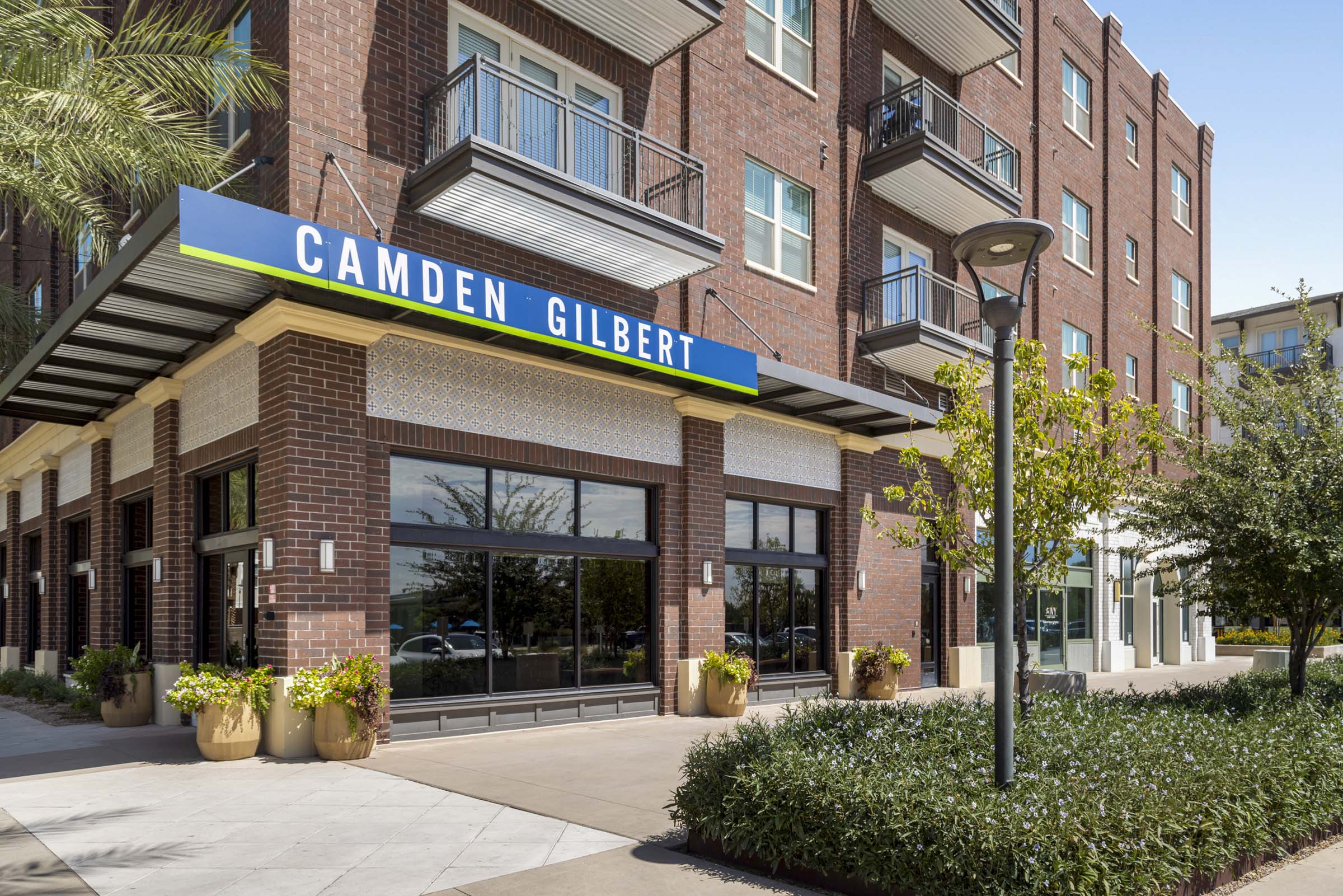 Exterior leasing office front corner at Camden Gilbert apartments in Gilbert, AZ 