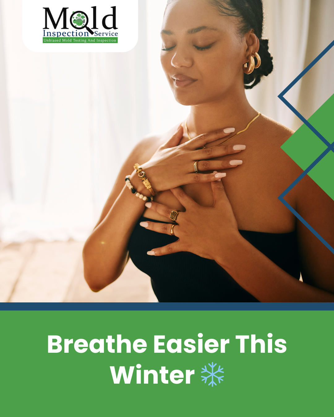 Person practicing deep breathing indoors to promote healthier indoor air quality and easier breathing during winter allergy season.