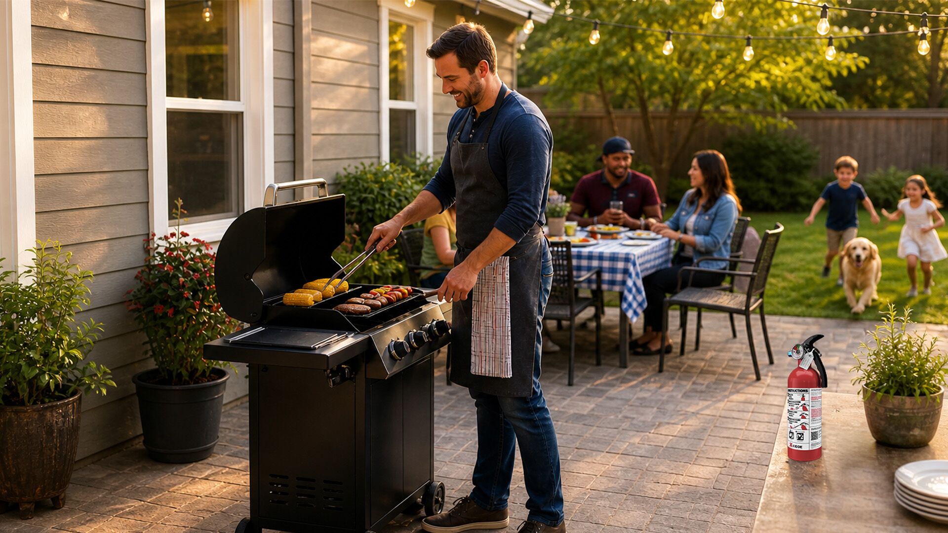 An ai generated image of a man grilling while friends and family hangs out at the picnic table, and kids play in the background with a dog.