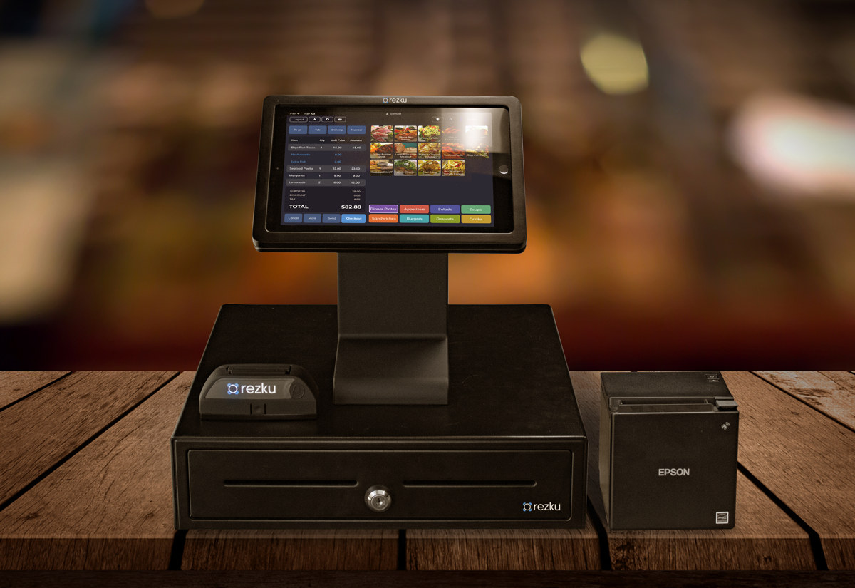 Rezku POS standard stationary register. with rugged metal stand, automatic cash drawer, Epson thermal receipt printer and EMV enabled credit card reader.