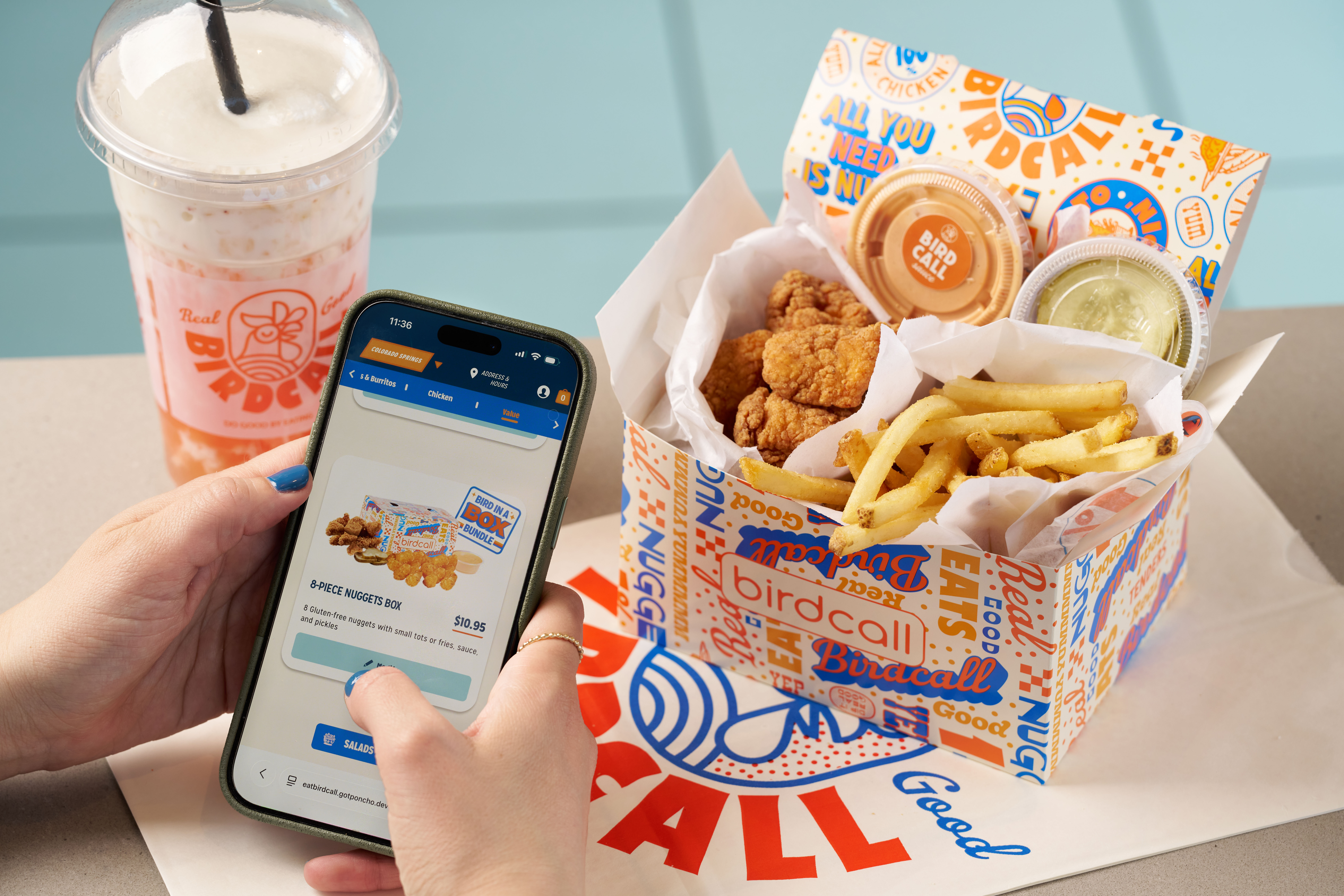 Enjoy a gluten-free Bird in a Box Bundle today! 8-piece gluten-free, dairy-free nuggets, fries or tots, sauce, and a side of pickles for $10.95